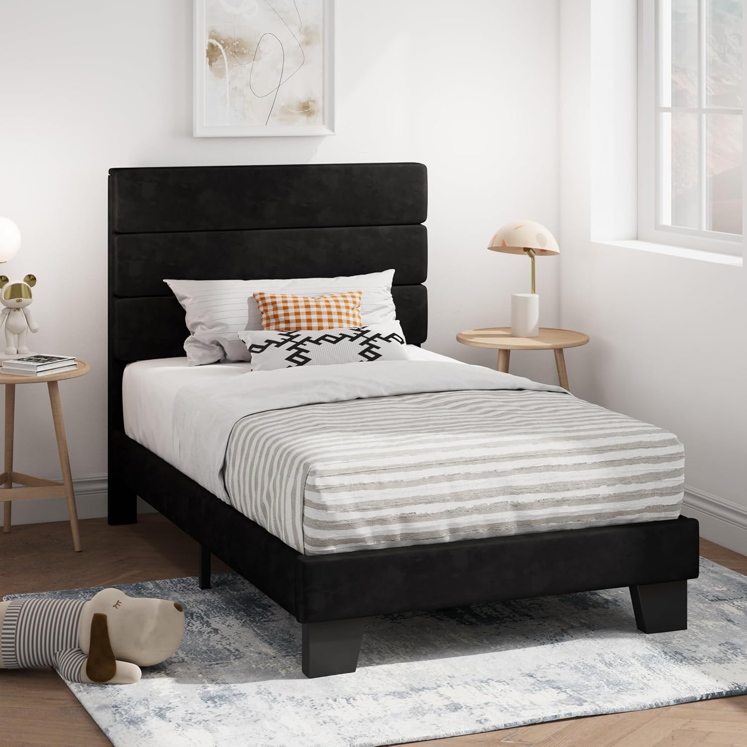 SHA CERLIN Full Platform Bed Frame with Upholstered Fabric Headboard, Grey