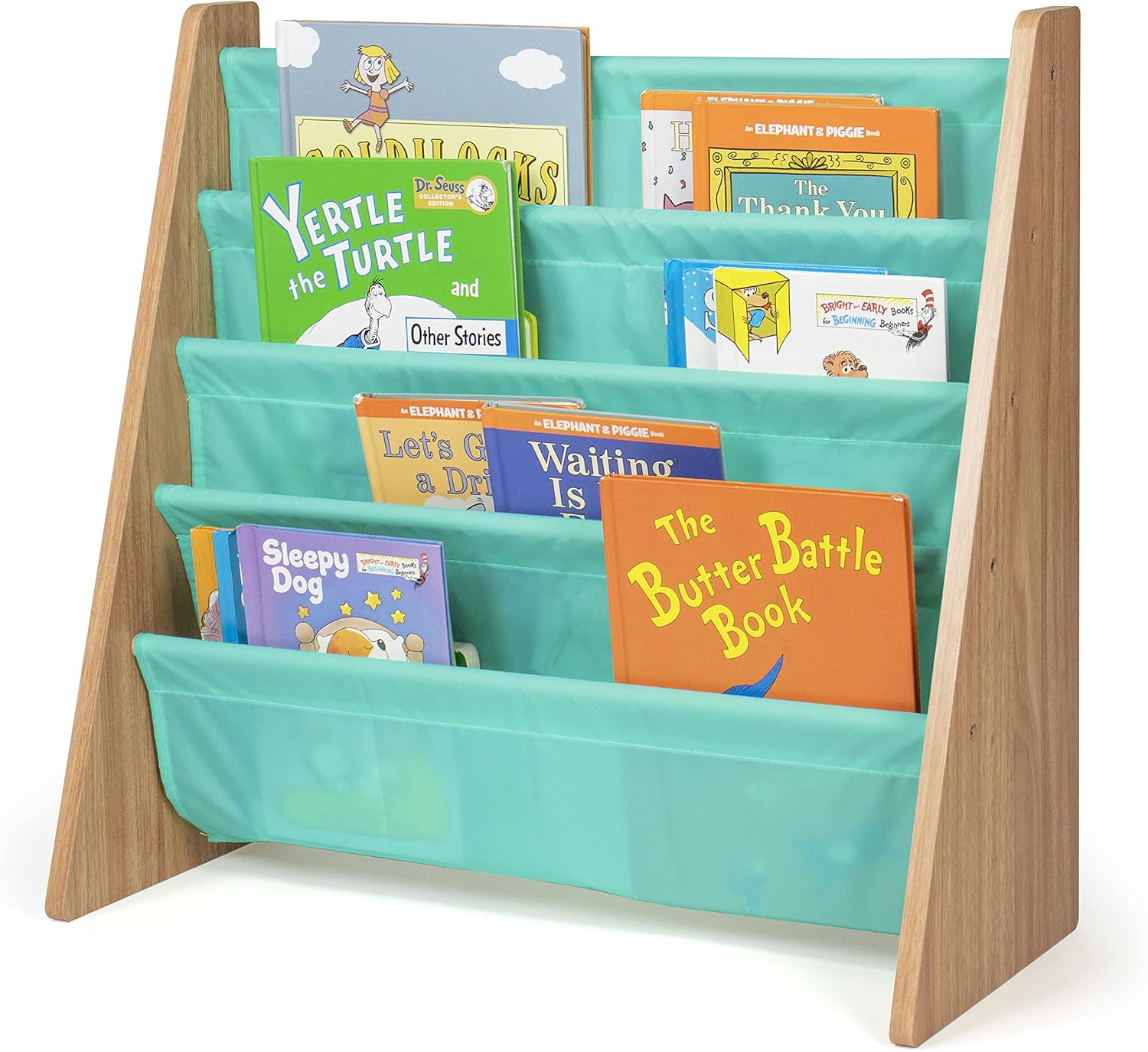 Humble Crew Kids Bookshelf, Montessori Front Facing Toddler Bookcase 4 Tier | Book display rack and reading nook organizer, nylon pockets show covers face out, compact for any playroom or bedroom space