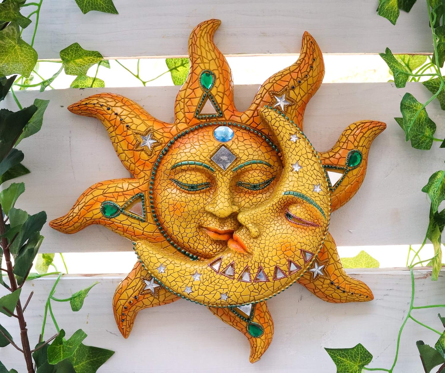 Ebros Colorful Celestial Heavens Mosaic Sun and Moon Wall Decor Plaque 12"Tall Day Surrendering Unto Night Belenos God And Goddess Selene Hanging