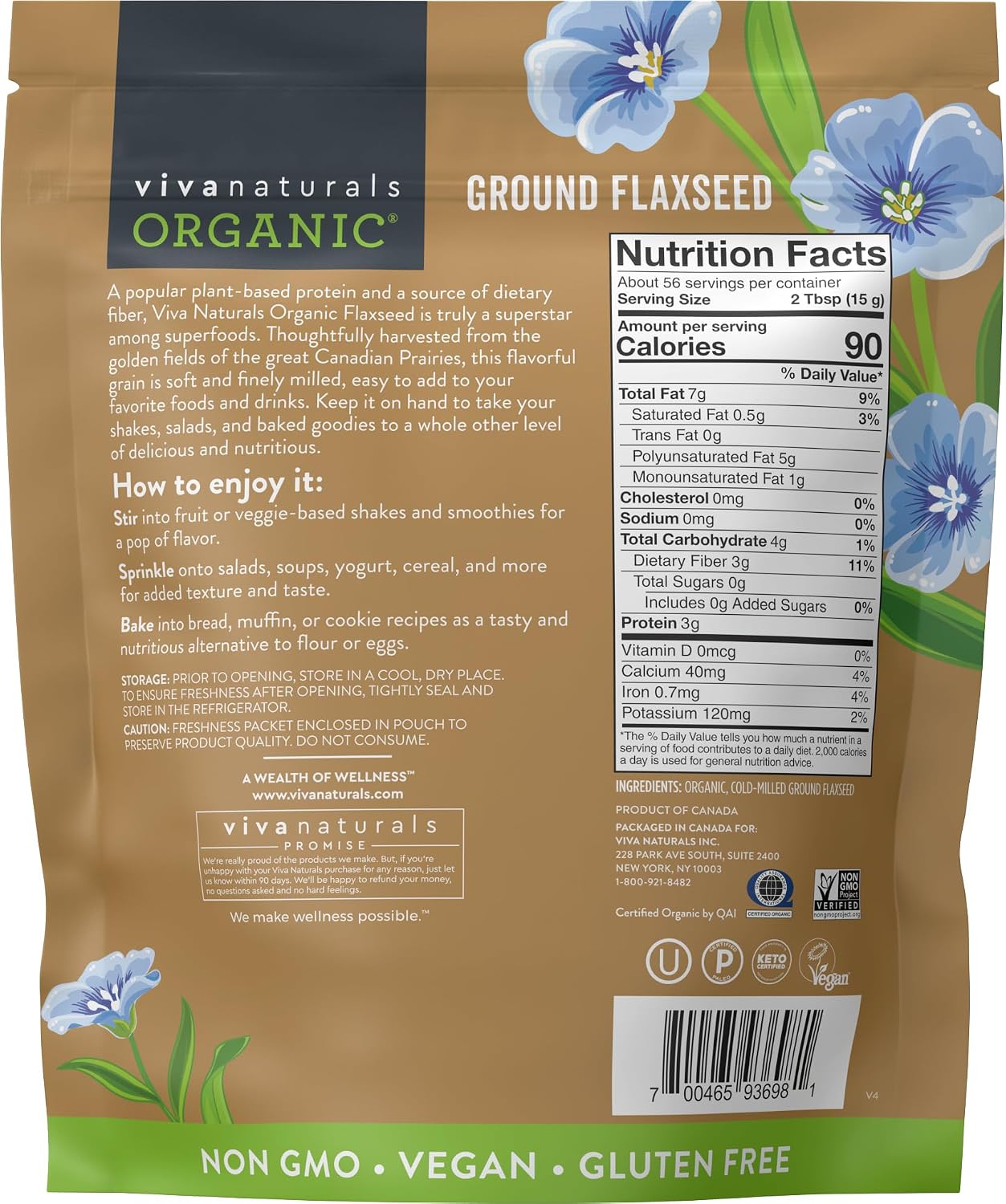 Viva Naturals Organic Ground Flaxseed, 15 oz (425 g) – Plant-Based Protein, Vegan Omega-3 & Fiber, Finely Milled Flax Seeds, Perfect for Smoothies & Baking