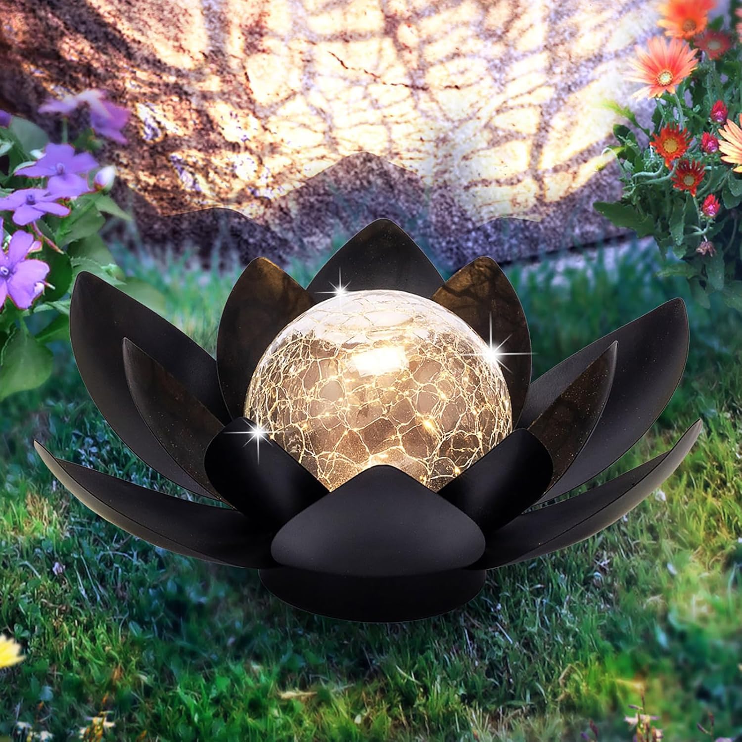 Huaxu Solar Lights Outdoor Garden, Crackle Globe Glass Lotus Decor, Waterproof LED Metal Flower Decorations for Patio,Lawn,Walkway,Tabletop,Ground