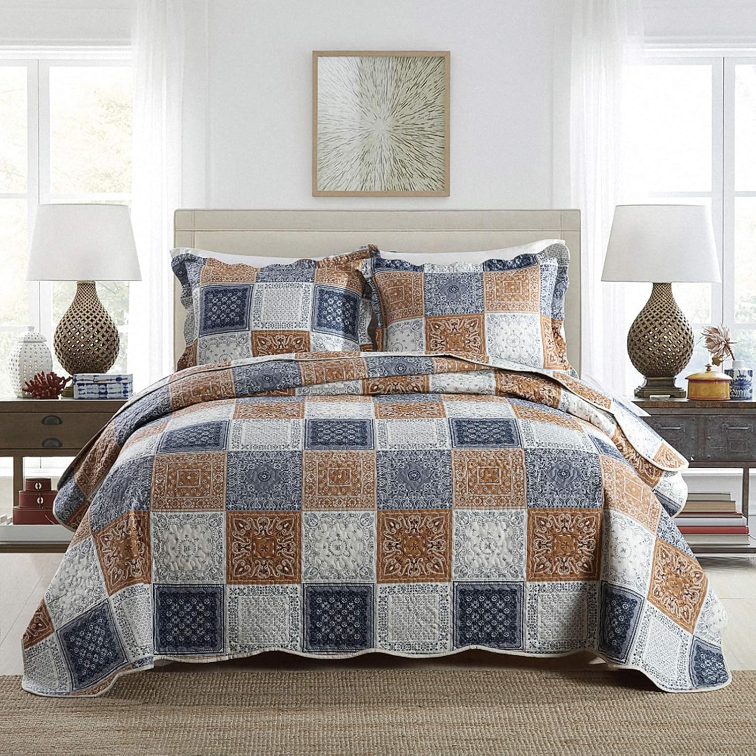 Striped Classical Cotton 3-Piece Patchwork Bedspread Quilt Sets, King Size