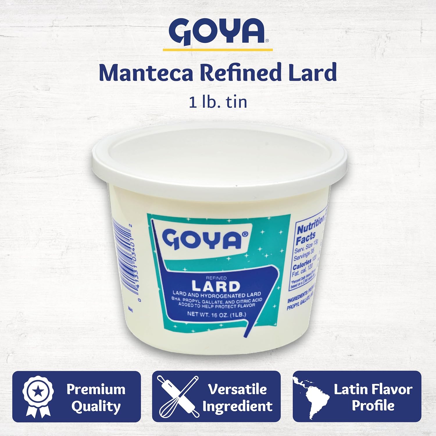Goya Manteca Lard for Cooking and Baking, Rich Flavor for Tamales, 1 Pound | 1 Pound Tub, Premium Pork Fat, Rich Flavor for Tamales, Empanadas, And Pastries, Enjoy Any Time of Day, For Any Occasion