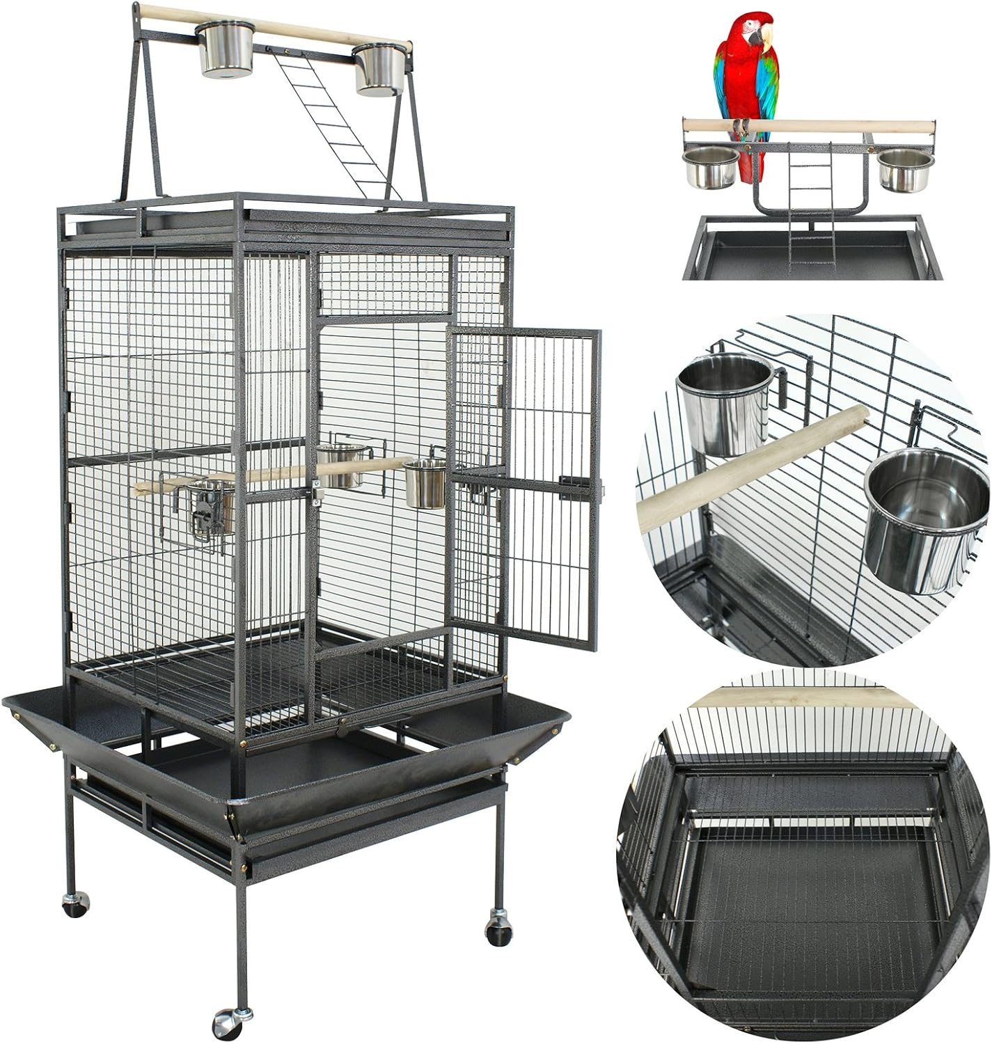 68 inch Iron Bird Cage, Play Top Parrot Cage with Rolling Stand for Parrot Cockatiels Parakeet Cage Macaw Finch Cockatoo Perch Pet House, Black