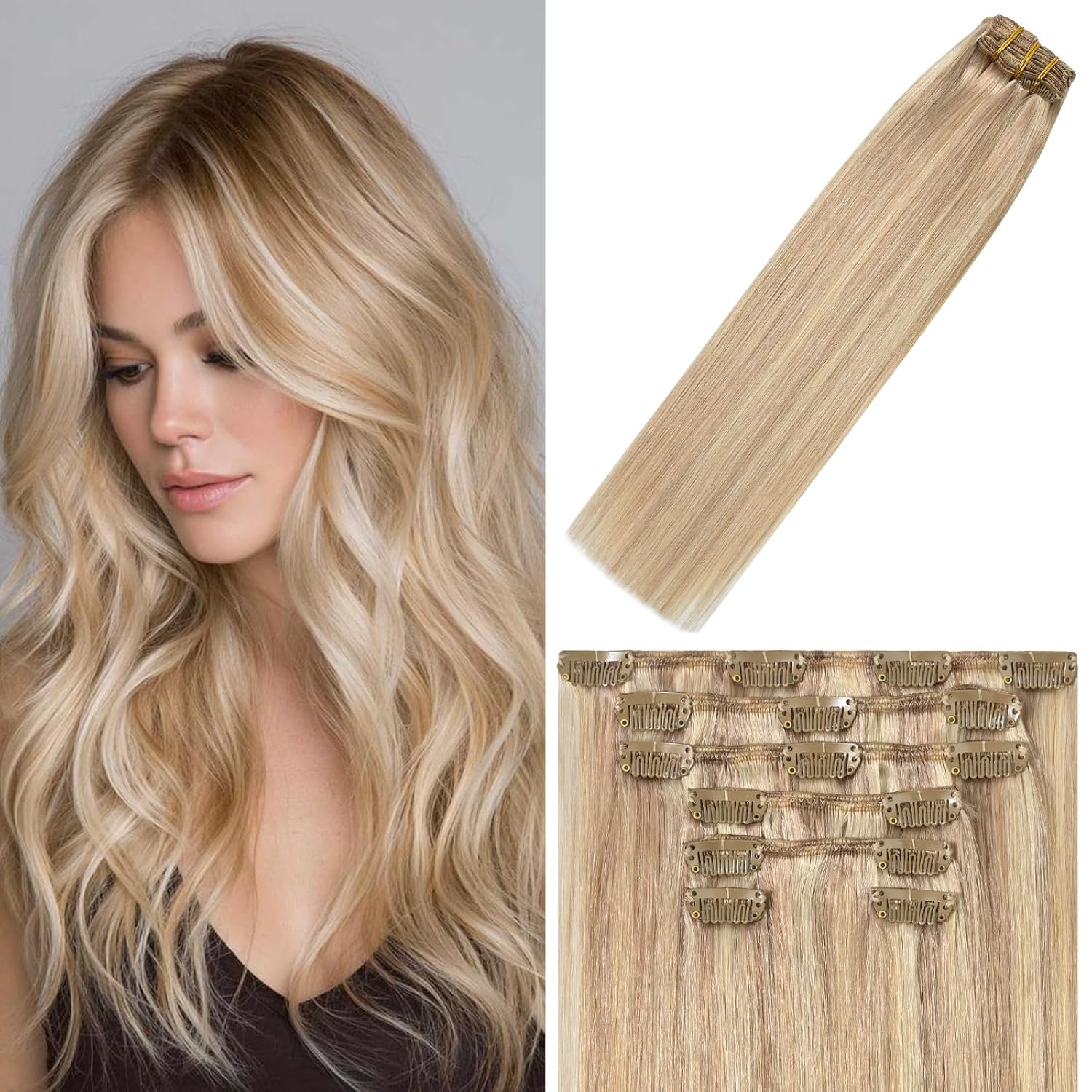WindTouch Clip In Hair Extensions Human Hair Mixed Bleach Blonde 18Inch 75g Hair Extensions for Women Remy Blonde Extensions Clip in #18p613 7PCS
