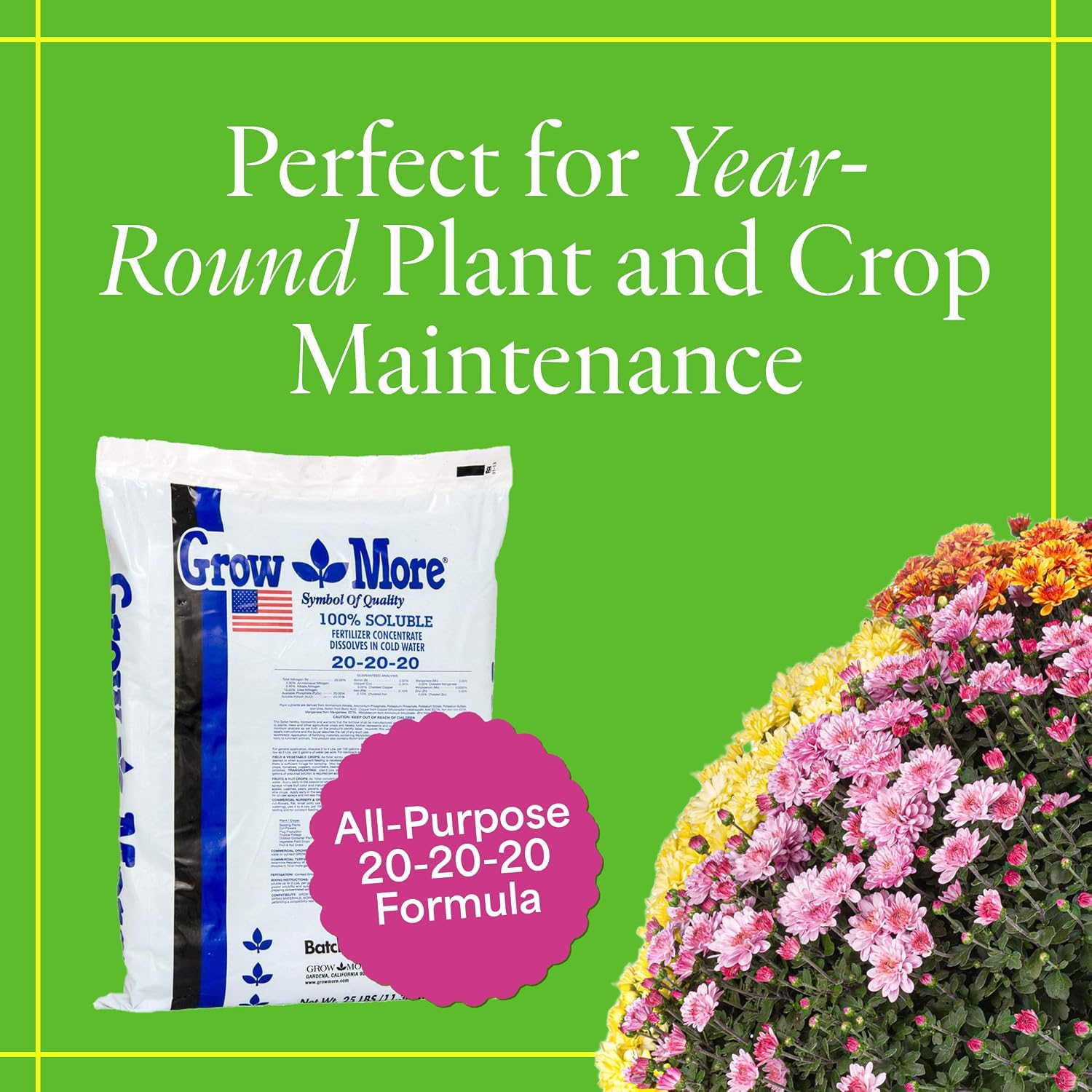 Grow More 20-20-20 Water Soluble Fertilizer - 25lb Bag of All Purpose Fertilizer for Exceptional Crop Yields - All Purpose Plant Food for Vegetables, Flowers, Trees, Shrubs, and Houseplants