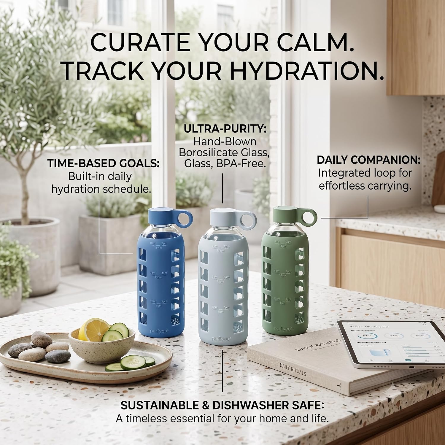 purifyou 40oz / 32oz / 22oz / 12oz Borosilicate Glass Water Bottle with Time & Volume Markers, Silicone Sleeve