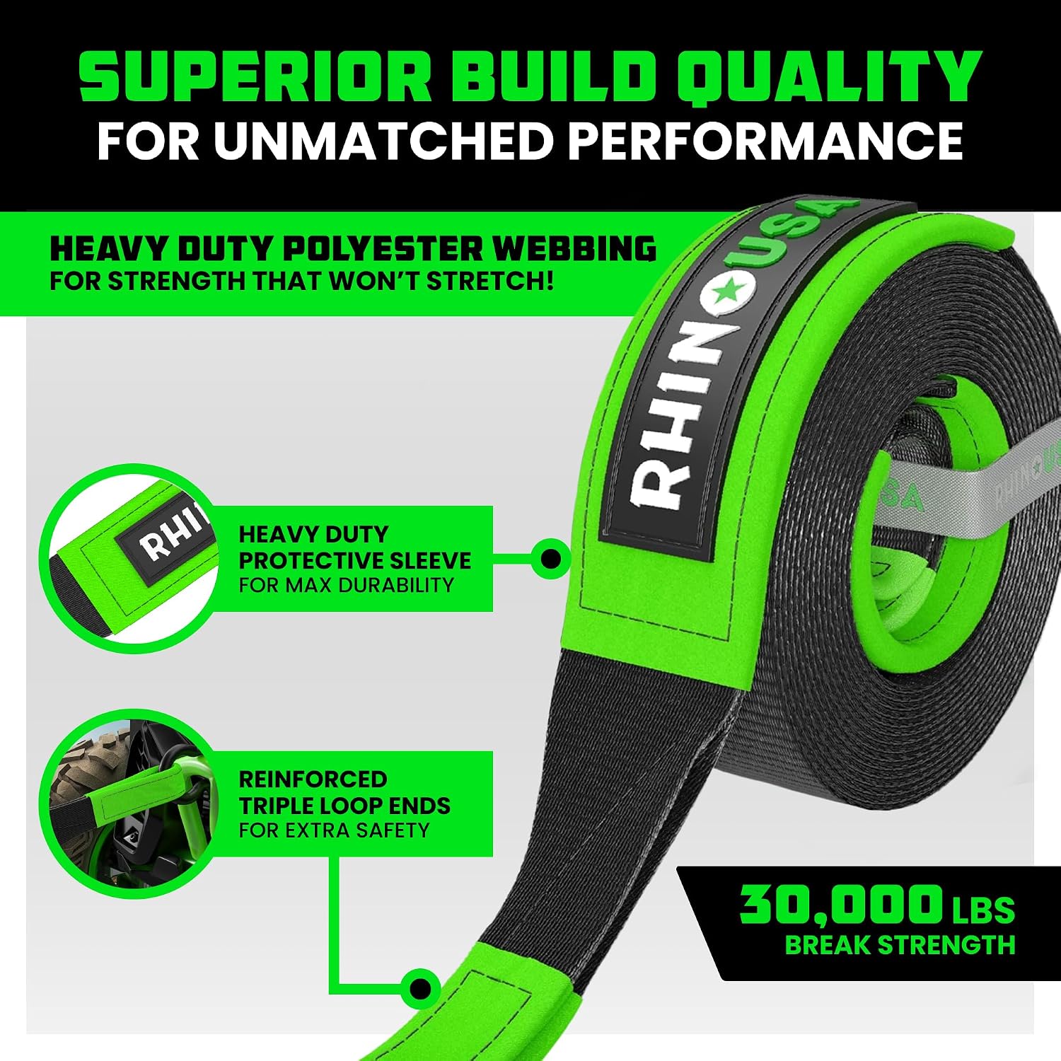 Rhino USA Recovery Tow Strap (3in x 30ft) - 31,518lb Heavy Duty Towing | 31,518lb Break Strength Emergency Tow Strap, Extended 30ft Length. For Truck, UTV, ATV & Jeep Offroad Recovery. Black