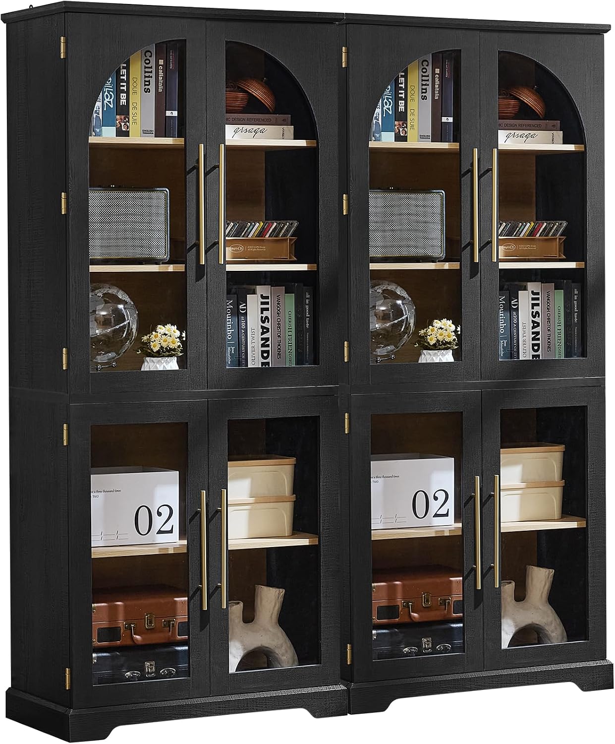 Joaxswe 72" Tall Bookshelf with 4 Curved Glass Doors, Farmhouse Bookcase with 3-Tier Adjustable Shelves, Modern Living Room Display Cabinet, Large Storage Cabinet for Home Office,Dining Room, Natural