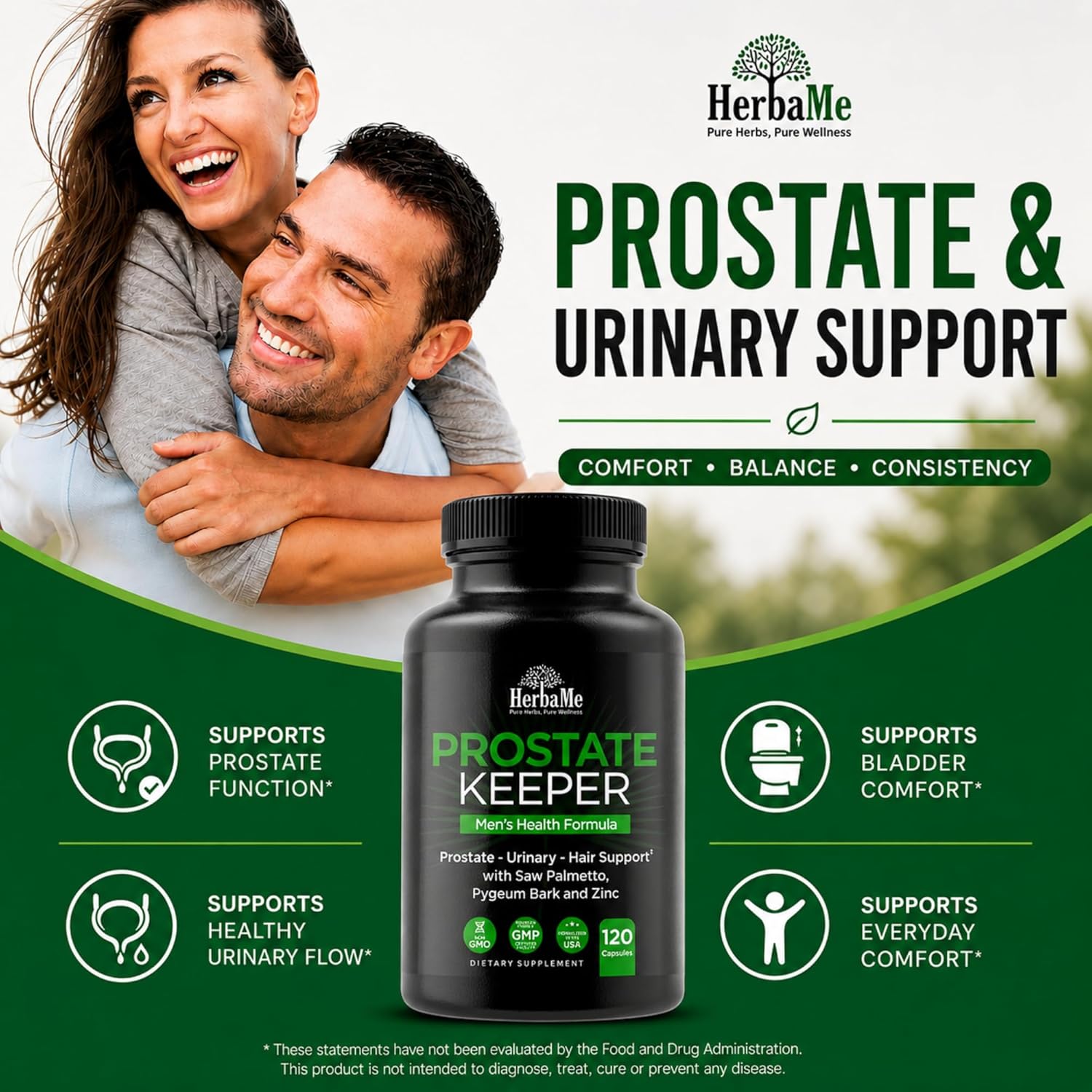 Prostate Health Supplement for Men & Urinary Support, 120 Capsules | Saw Palmetto, Pygeum Bark & Zinc for Healthy Urinary Flow, Bladder Comfort