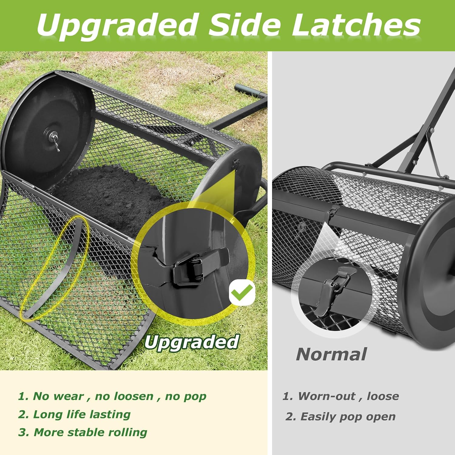 Seeutek Compost Spreader, 24" Peat Moss Spreader with 3 Heights | Push or Tow Top Soil Spreader W/Upgraded Side Latches Support Rod Powder Coated Metal Mesh Top Dressing Spreader for Lawn