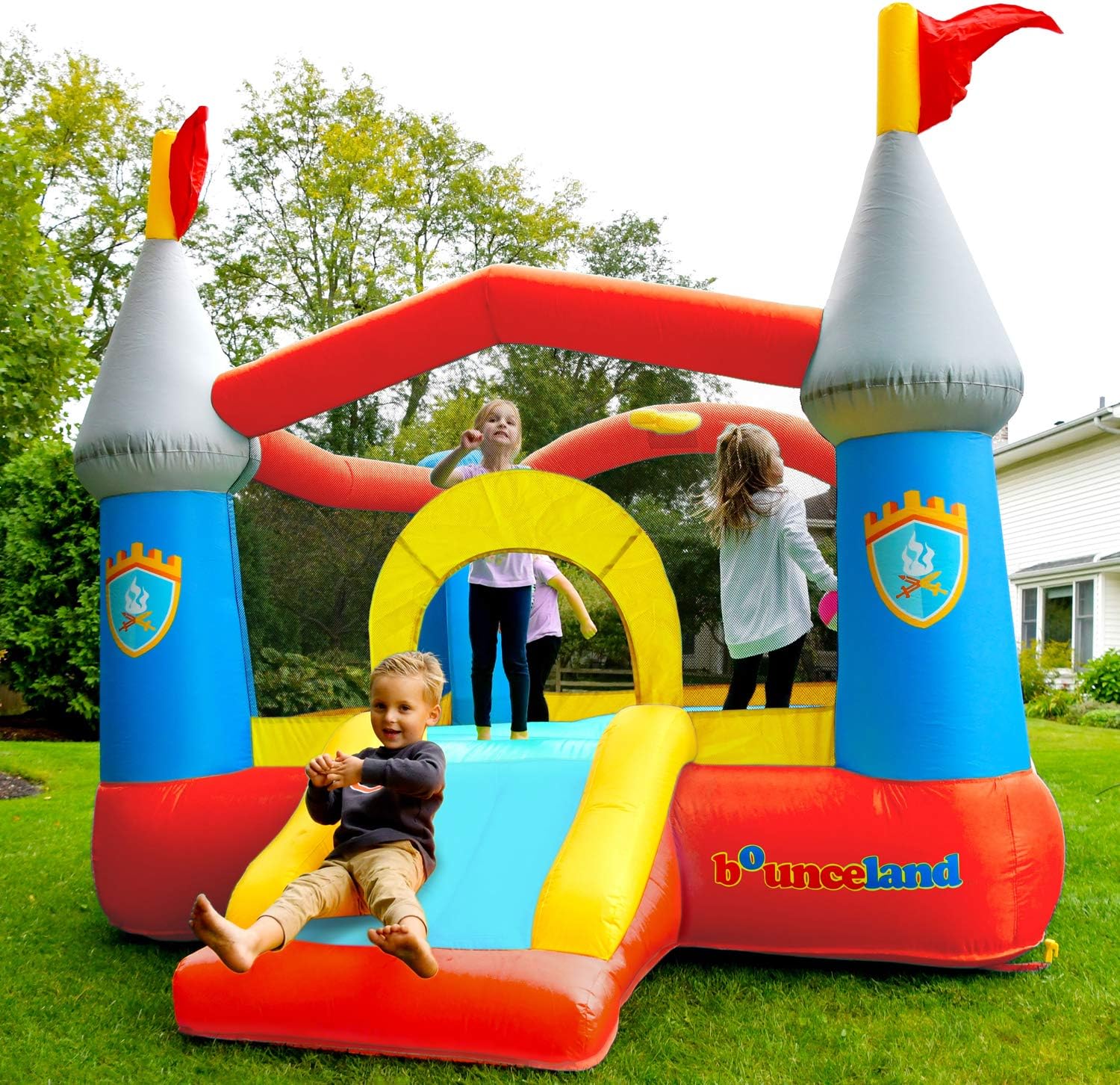 Bounceland Bounce House Castle with Basketball Hoop Inflatable Bouncer, Fun Slide, Safe Entrance Opening, UL Certified Strong Blower Included