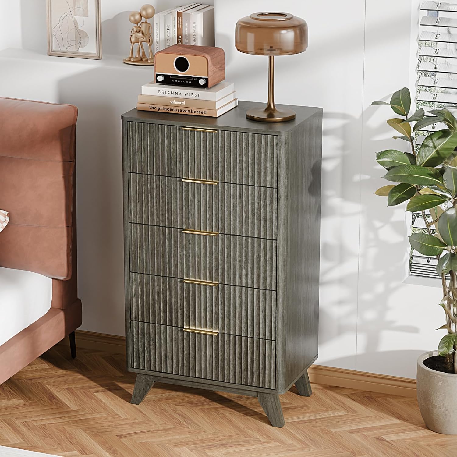 VINGLI Fluted Tall Dresser 5 Drawer, 23.66" W Chest of Drawers Gray Wood Dresser with Rounded Edges, Grey Dressers for Bedroom