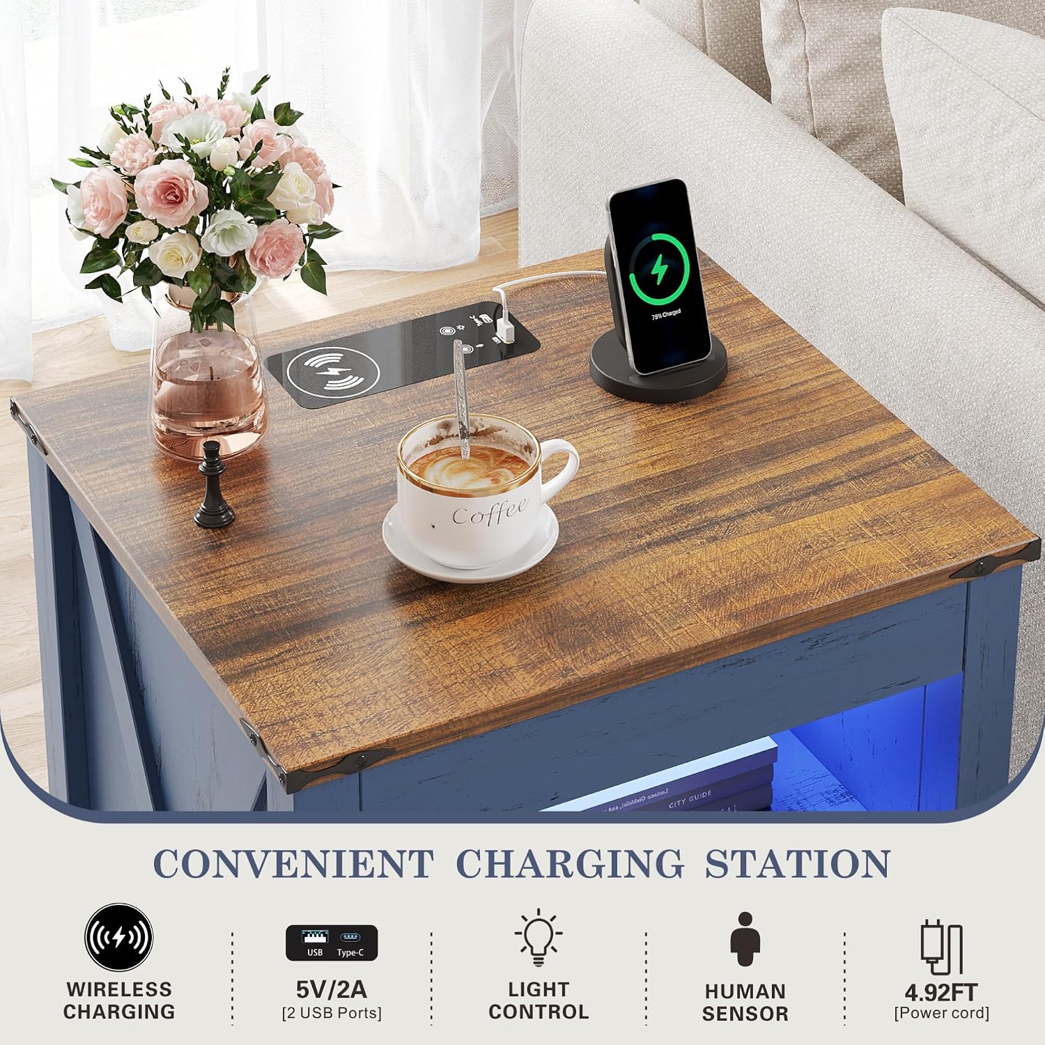 Farmhouse LED Nightstand with Gun Drawer&Invisible Lock,Modern Bedside Table with Human Sensor Design,Rustic Side Table with Wireless Charging for Living Room, Dark Oak