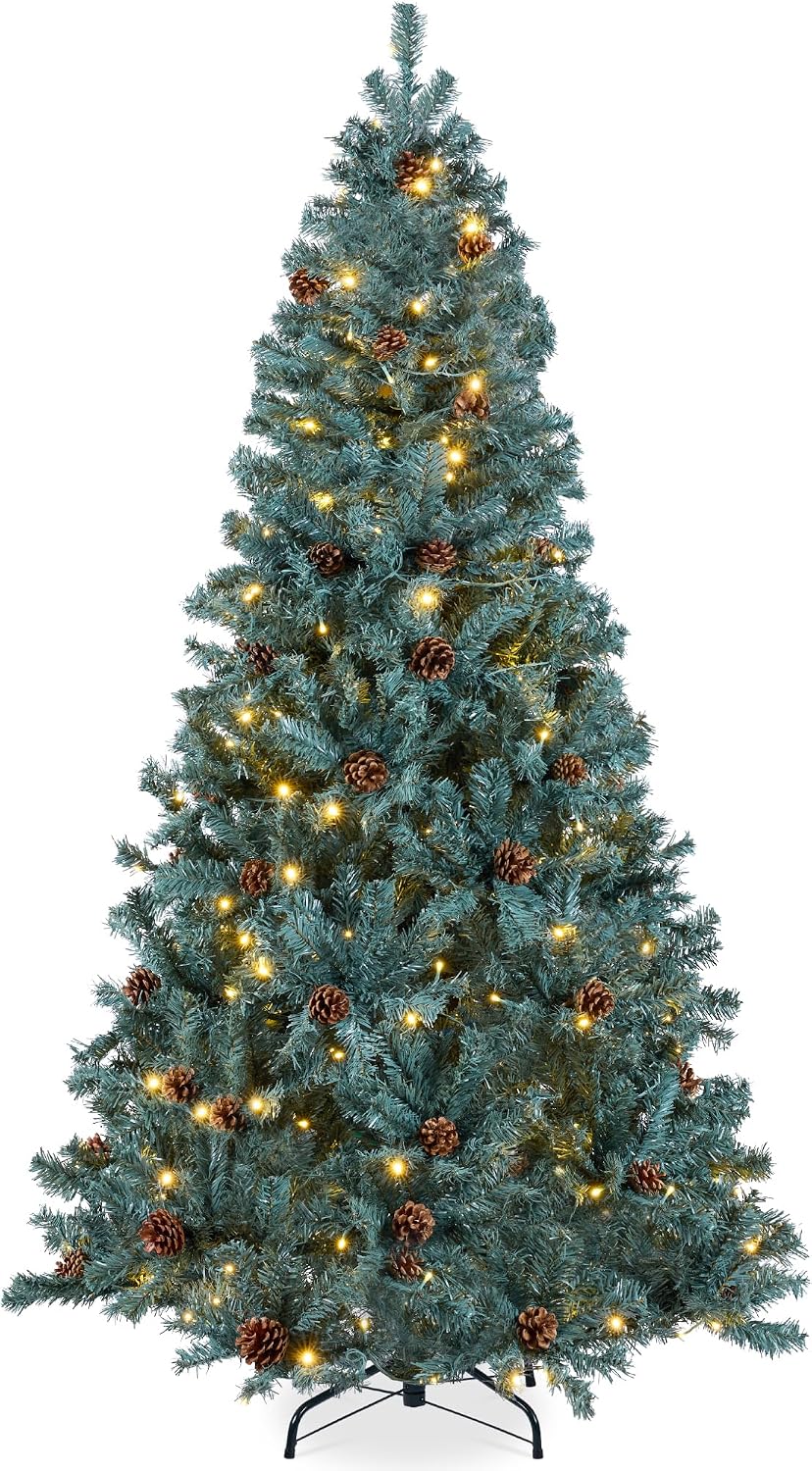Best Choice Products 7.5ft Pre-Lit Pre-Decorated Pine Artificial Christmas Tree w/Twinkling LEDs, 1, 346 Flocked Frosted Tips, 80 Pinecones