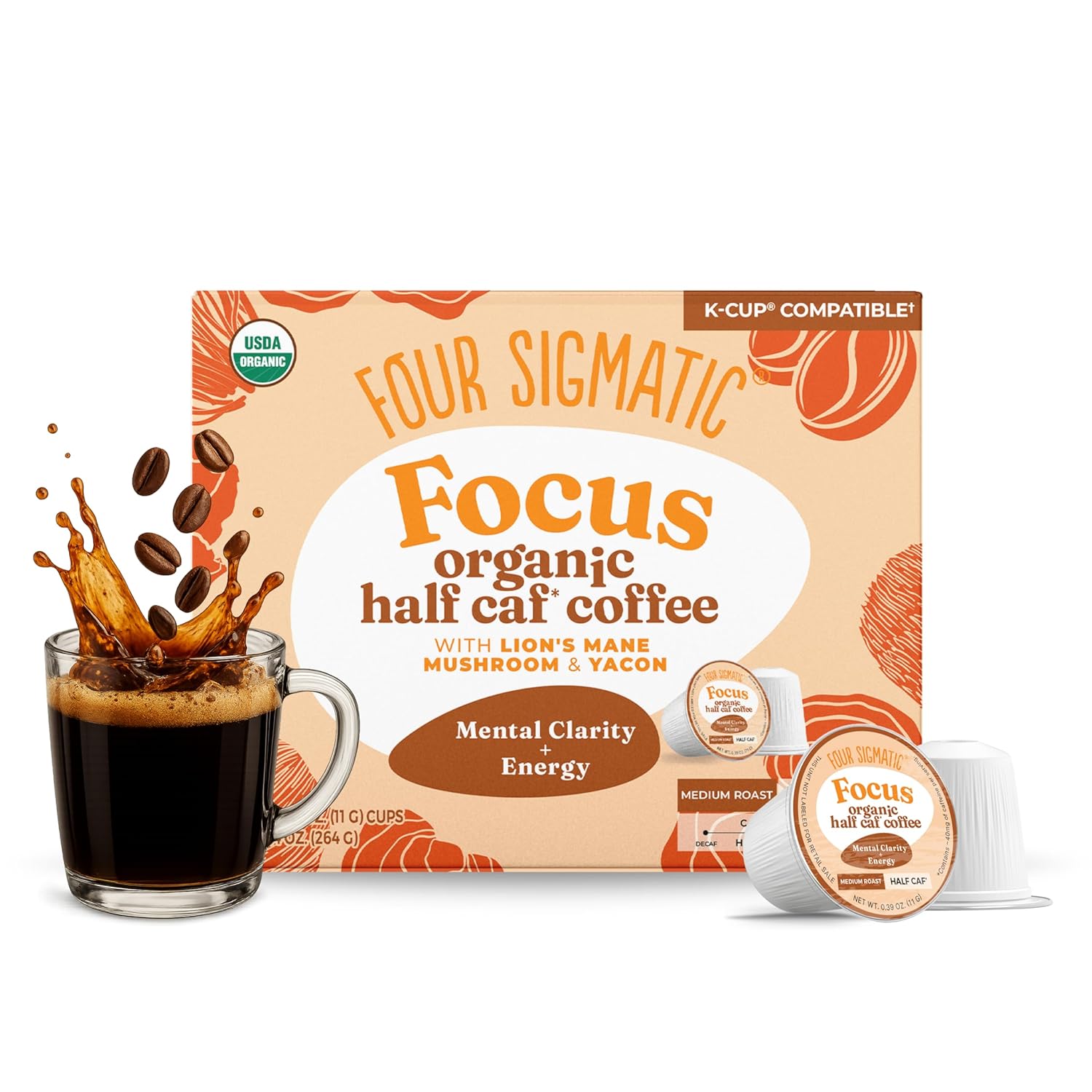 Four Sigmatic Mushroom Coffee K-Cups | Organic Dark Roast Coffee with Lion’s Mane Mushroom Powder & Yacon | Focus & Immune Support | Vegan & Keto