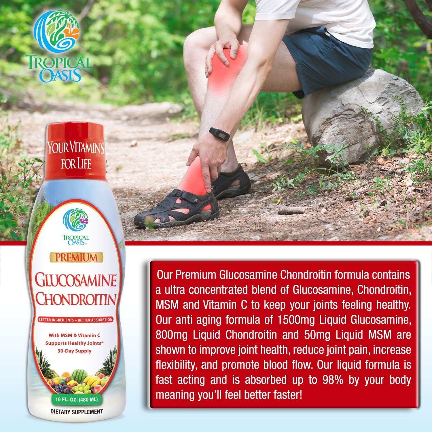 Tropical Oasis–Premium Liquid Glucosamine Chondroitin & MSM- Liquid Joint Support Formula 1500mg Glucosamine, 800mg Chondroitin