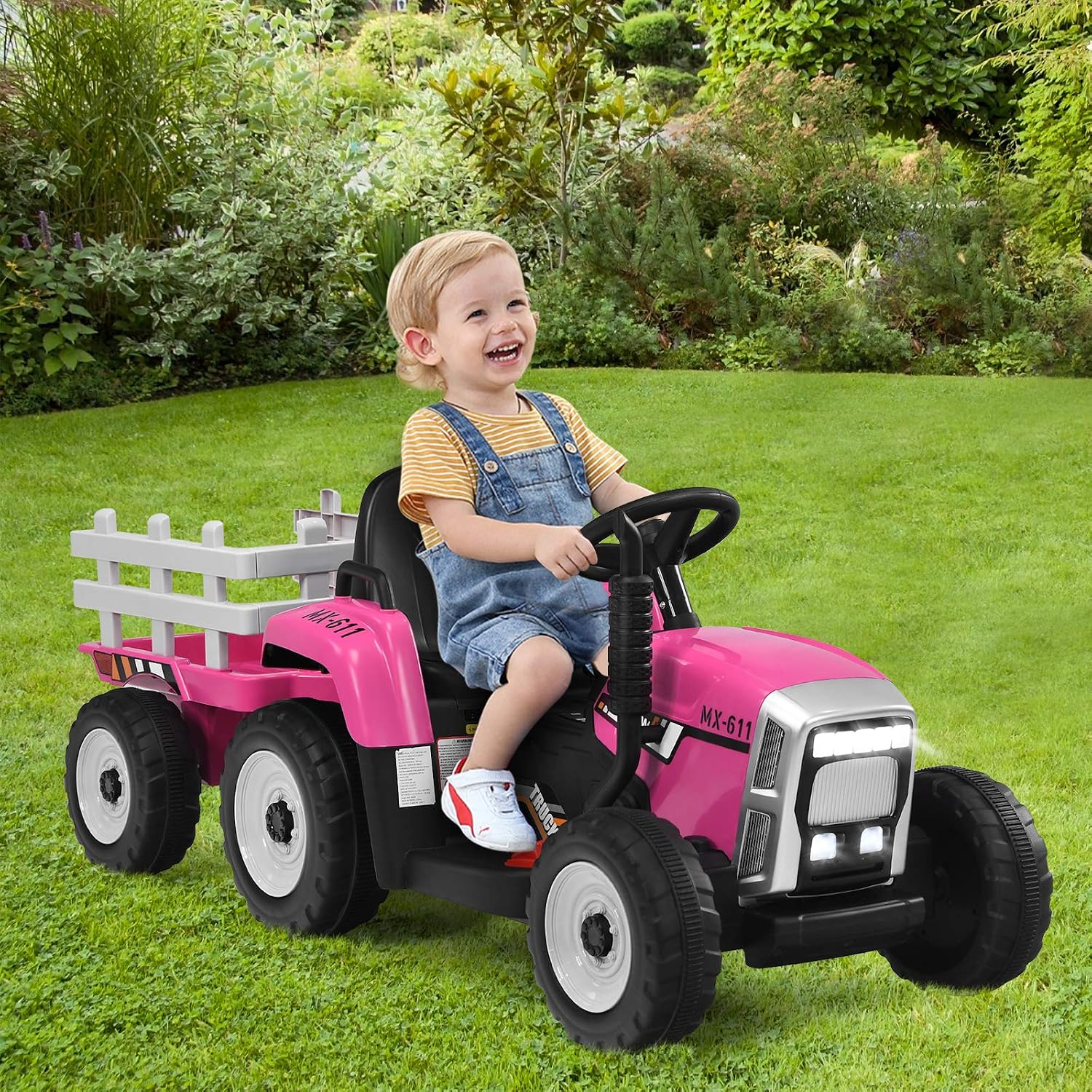 Costzon Ride on Tractor with Detachable Trailer, Kids' Electric Vehicles w/3-Gear-Shift Ground Loader, Wireless Design & USB, 7 LED Headlights