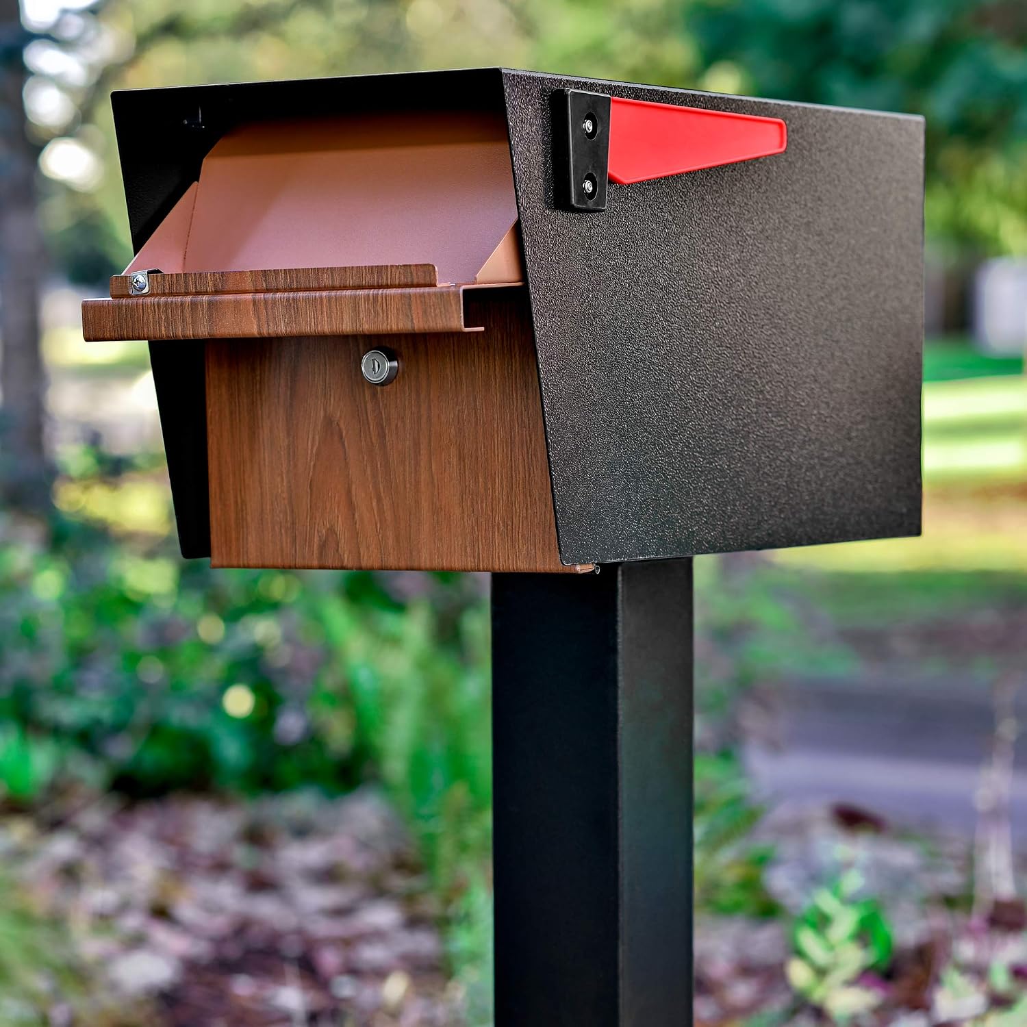 Mail Boss Curbside, Wood Grain 7510 Mail Manager Locking Security Mailbox, Steel, Black | Patented anti-pry lock, accepts small packages