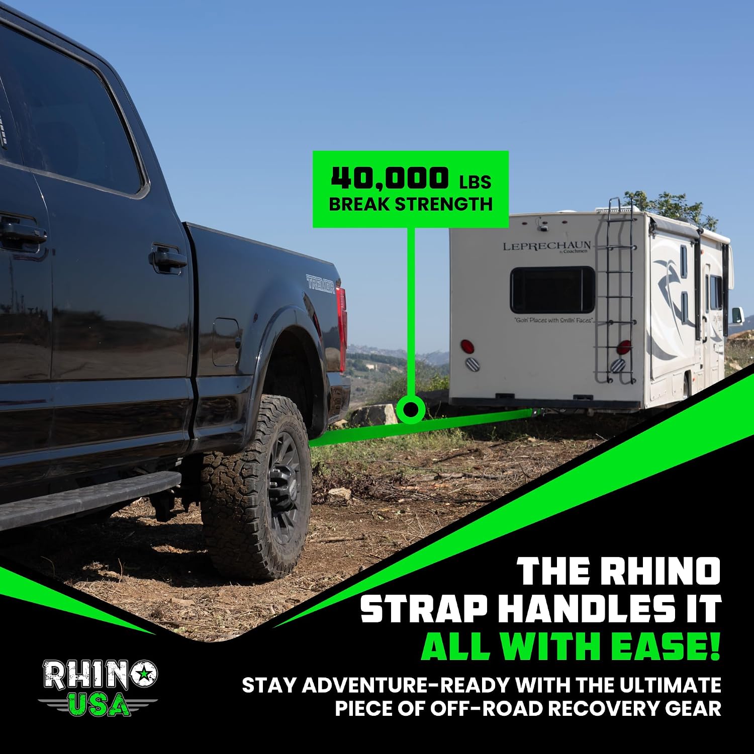 Rhino USA Recovery Tow Strap (3in x 30ft) - 31,518lb Heavy Duty Towing | 31,518lb Break Strength Emergency Tow Strap, Extended 30ft Length. For Truck, UTV, ATV & Jeep Offroad Recovery. Black