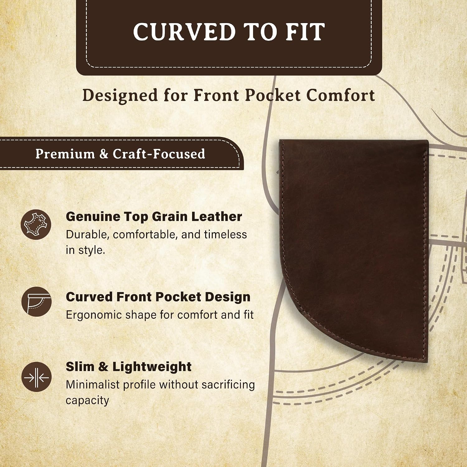 Genuine Bison Leather Wallet for Men, RFID Slim, Brown | Genuine bison leather wallet for men with RFID blocking and curved front pocket fit. Rugged slim everyday carry, brown.