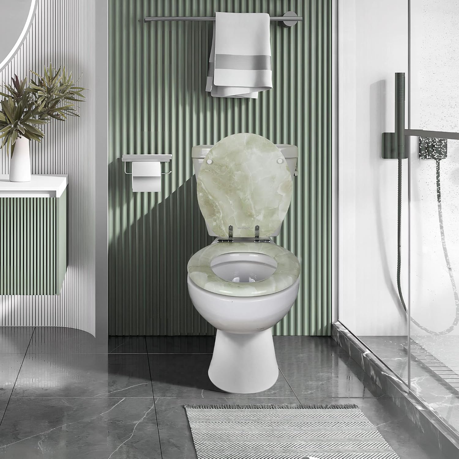 Angel Shield Marble Toilet Seat Durable Molded Wood with Quiet Close,Easy Clean，Quick-Release Hinges (Elongated,Black Marble)