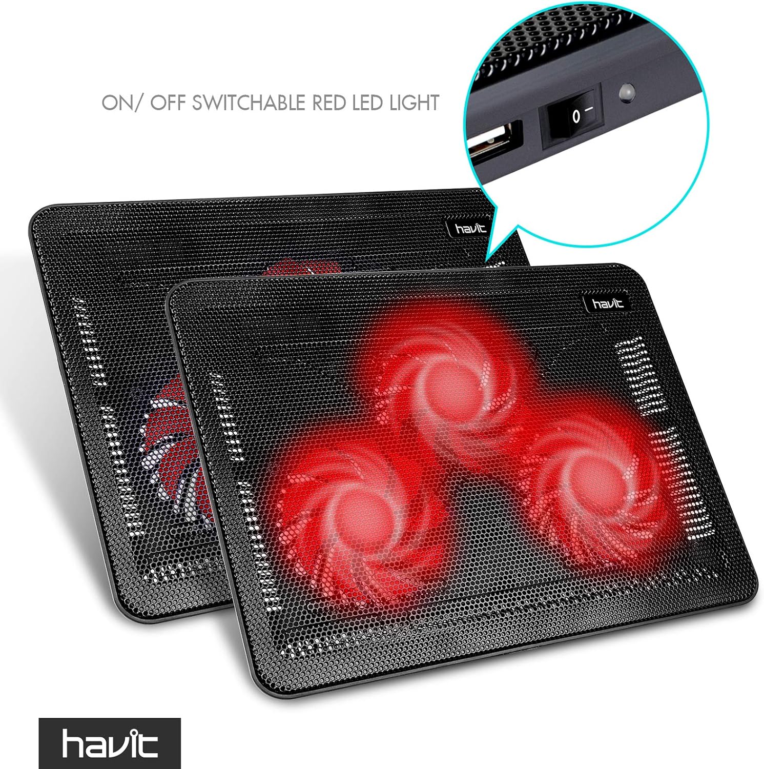 havit HV-F2056 15.6"-17" Laptop Cooler Cooling Pad - Slim Portable USB Powered (3 Fans), Black/Blue | Three quiet USB-powered fans circulate air below the laptop, two height settings improve viewing and typing comfort