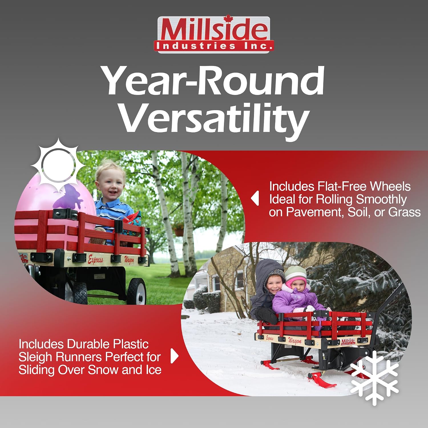 Millside Convertible Wood Wagon Cart with 4 Flat-Free Tires and Sleigh Runners for Outdoor Hauling Through Snow, Red, 16" x 34"