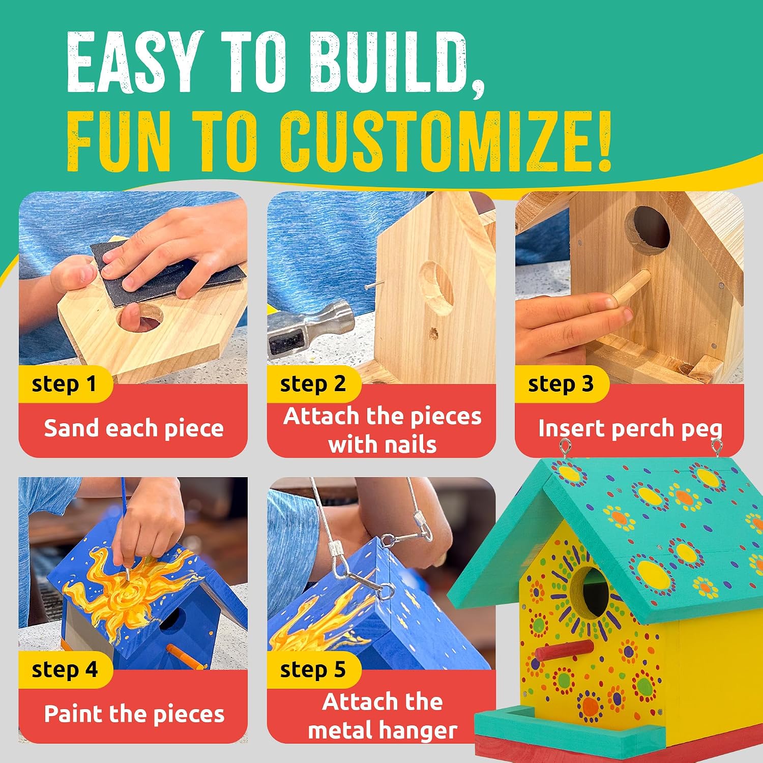 Jr Bird House Kit, DIY Cedar Wood Birdhouse for Outdoors with Paint