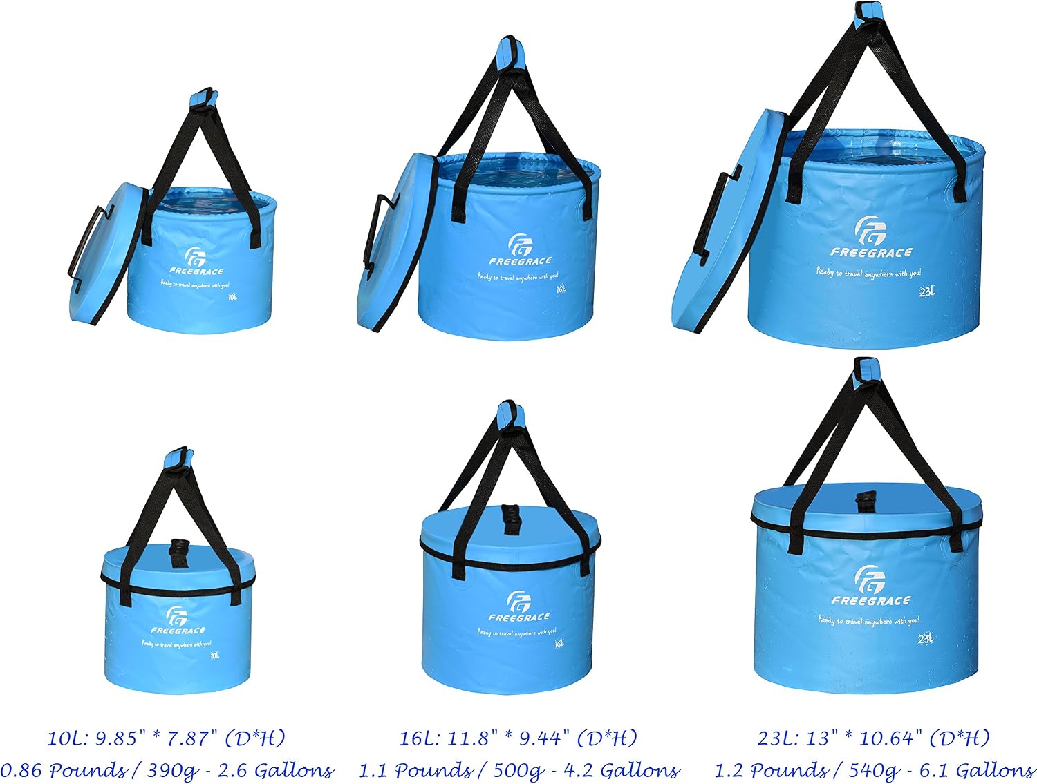Freegrace Collapsible Bucket with Mesh Tool Pocket - 10L, 16L & 23L Portable Folding Water Container - Heavy Duty 500D Tarpaulin, BPA-Free Wash Basin for Camping, Fishing, RV, and Car Washing