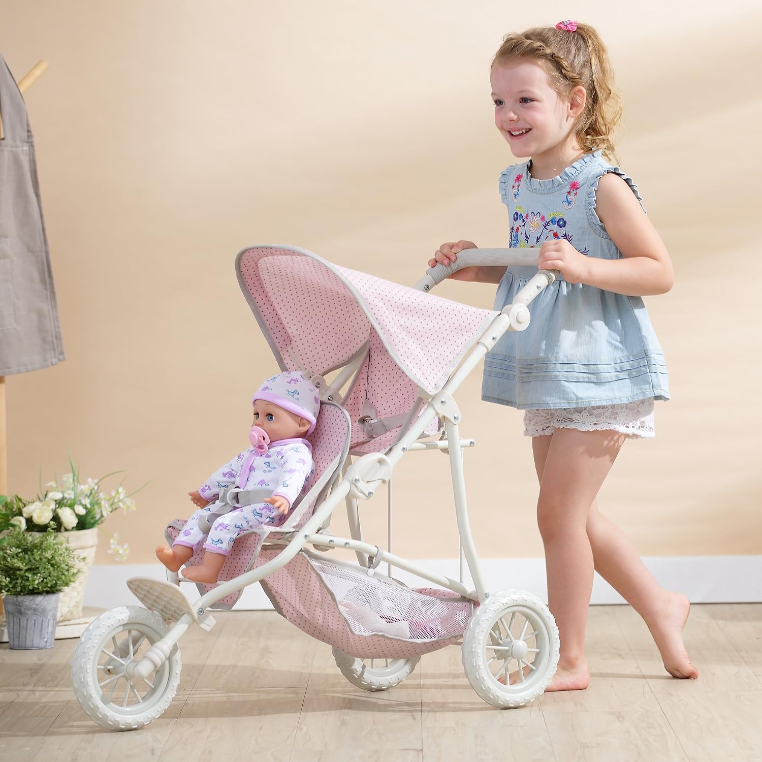 Olivia's Little World Doll Jogging-Style Stroller with Canopy, Storage Underneath, Pink and Cream and Gray | Canopy, Storage Underneath