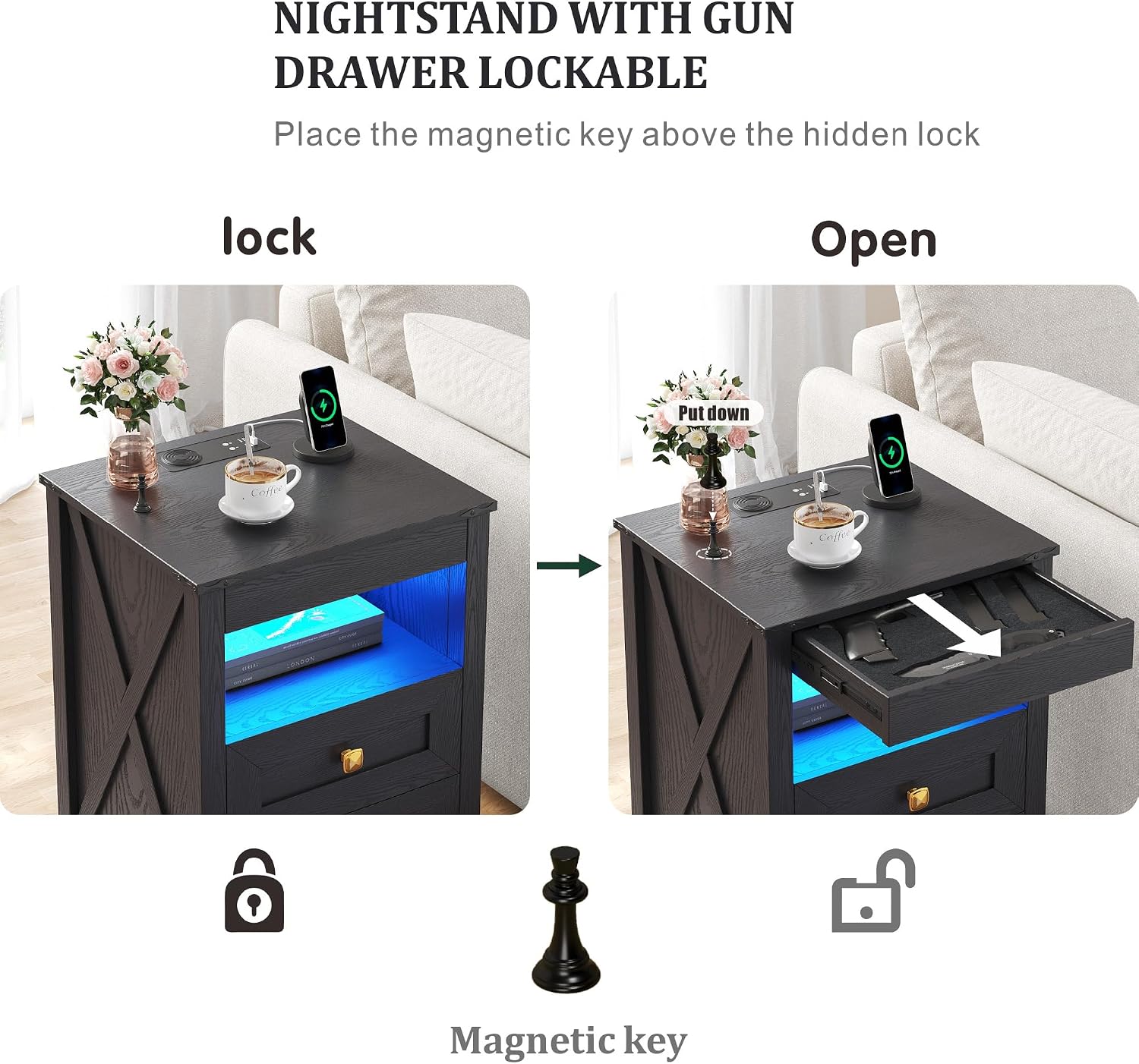 Farmhouse LED Nightstand with Gun Drawer&Invisible Lock,Modern Bedside Table with Human Sensor Design,Rustic Side Table with Wireless Charging for Living Room, Dark Oak