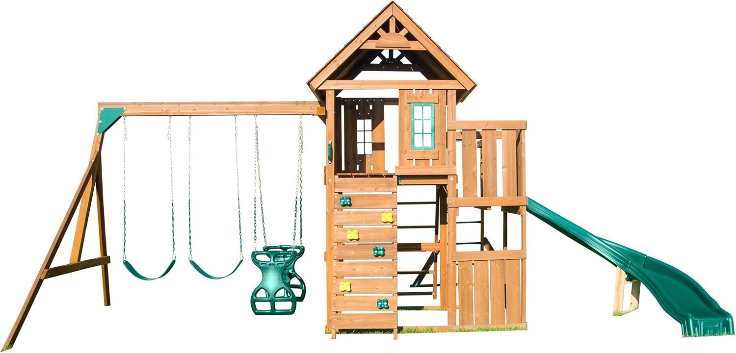 Swing-N-Slide PB 8272 Cedar Brook Wooden Swing Set Play Set with Two Swings, Slide, Monkey Bars, Picnic Table & Glider, Green