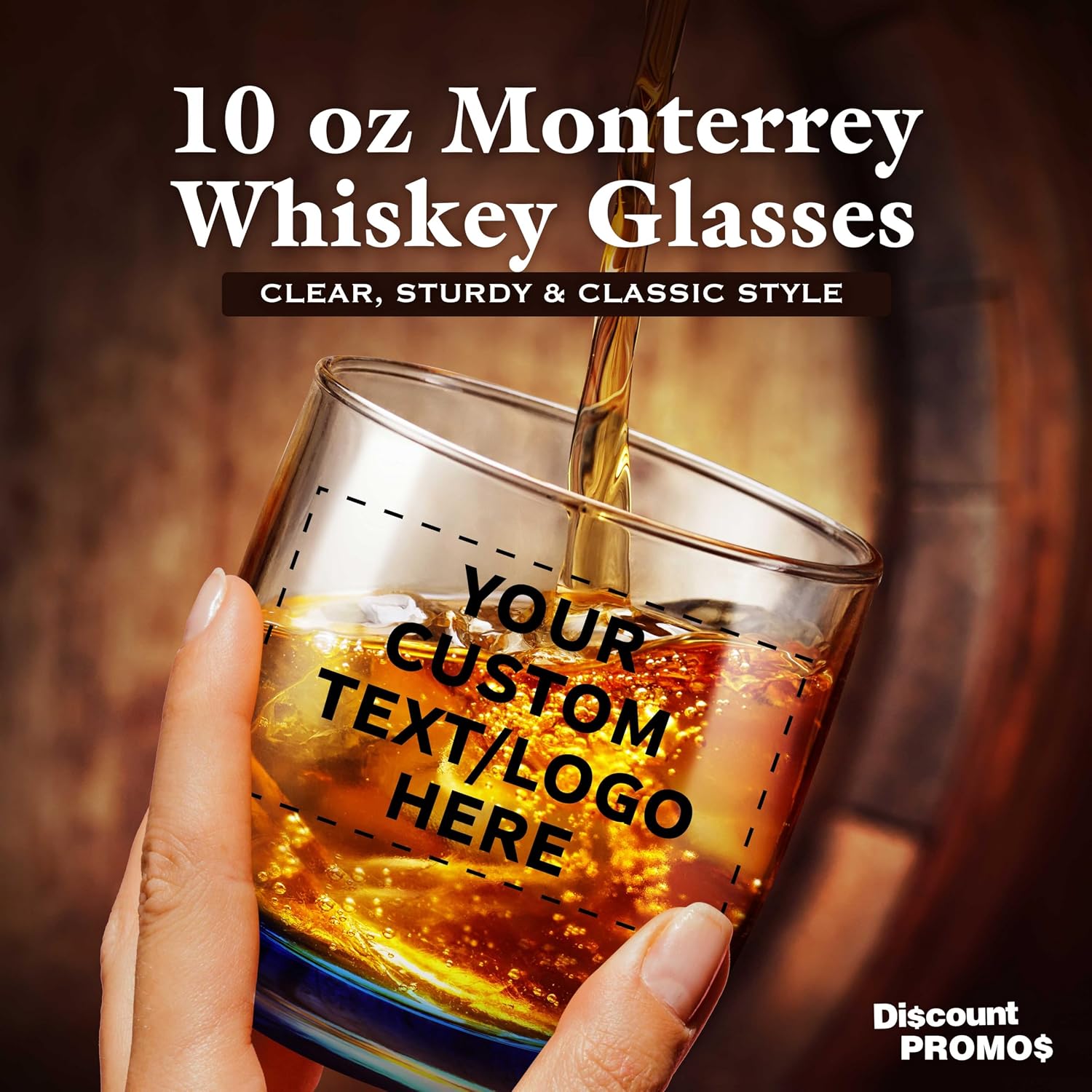 DISCOUNT PROMOS Custom Whiskey Glasses 10 oz Set of 10/50/100, Personalized Bulk Pack - Heavy Base Old Fashioned Glass, Perfect for Scotch, Bourbon