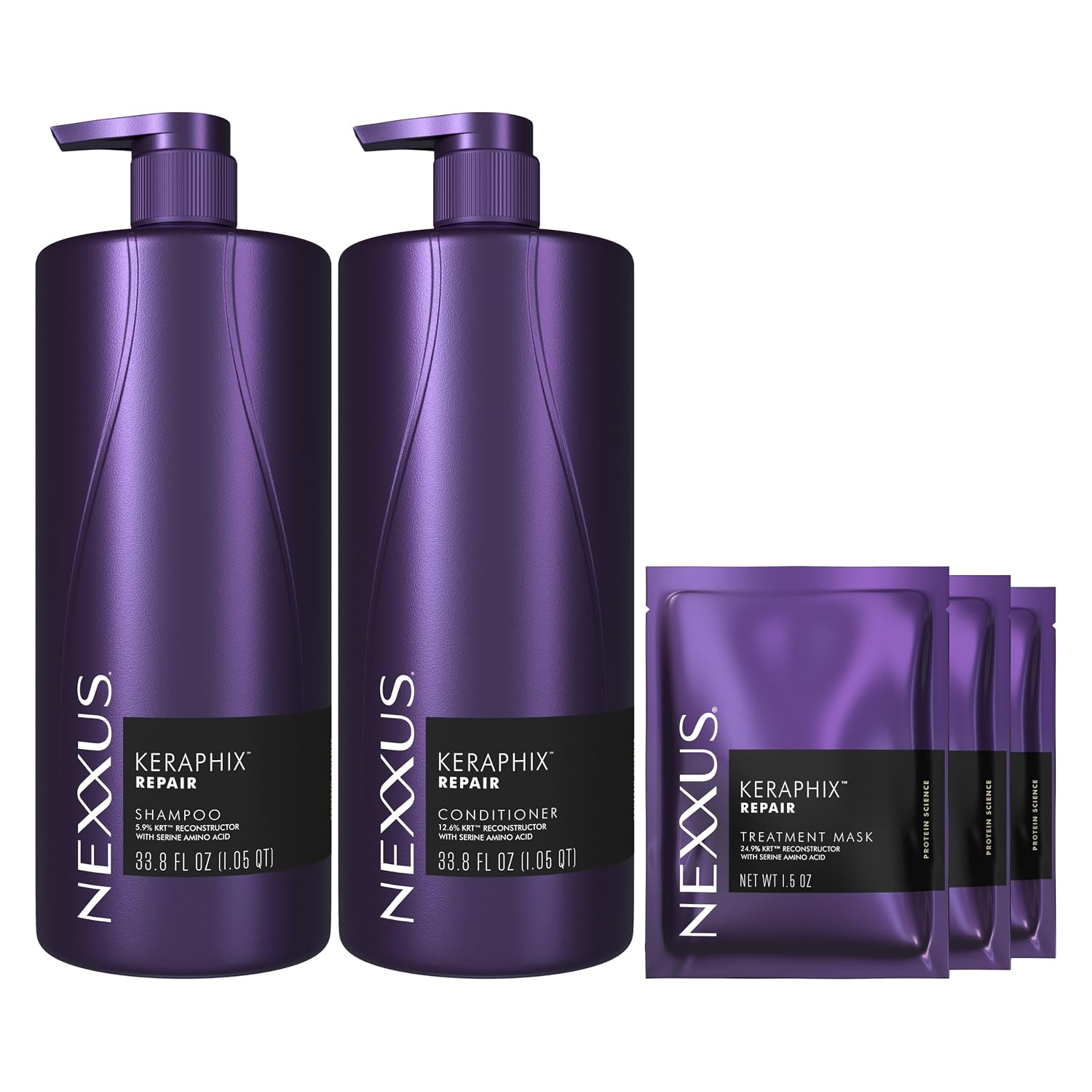 Nexxus Keraphix Shampoo and Conditioner - Damaged Hair Treatment System with Keratin Protein and Black Rice, 2 Count & 3 Repair Masks Treatment