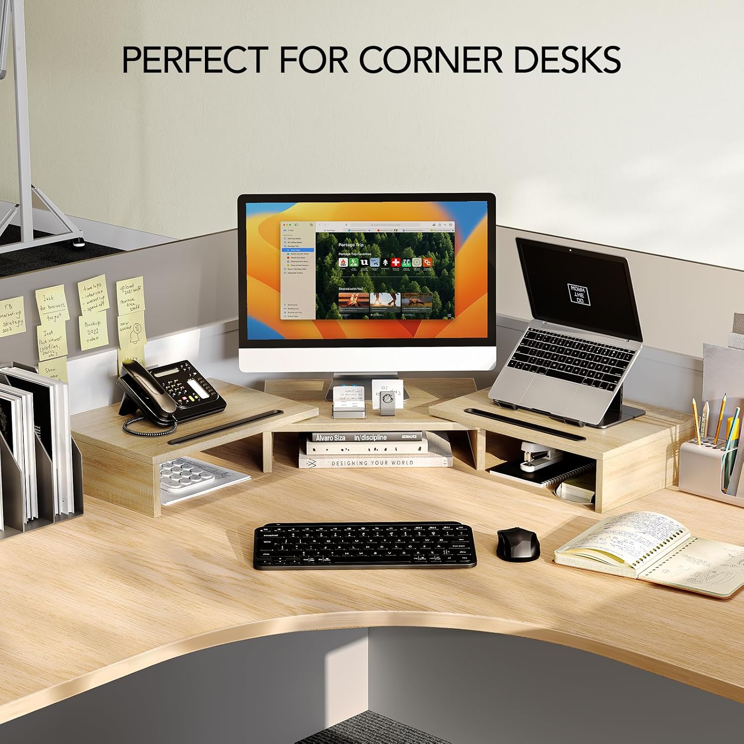 AMERIERGO Dual Monitor Stand Riser- 3 Shelf Screen Stand with Adjustable Length and Angle, 2 Extra Functional Slot Desktop Organizer Stand for PC