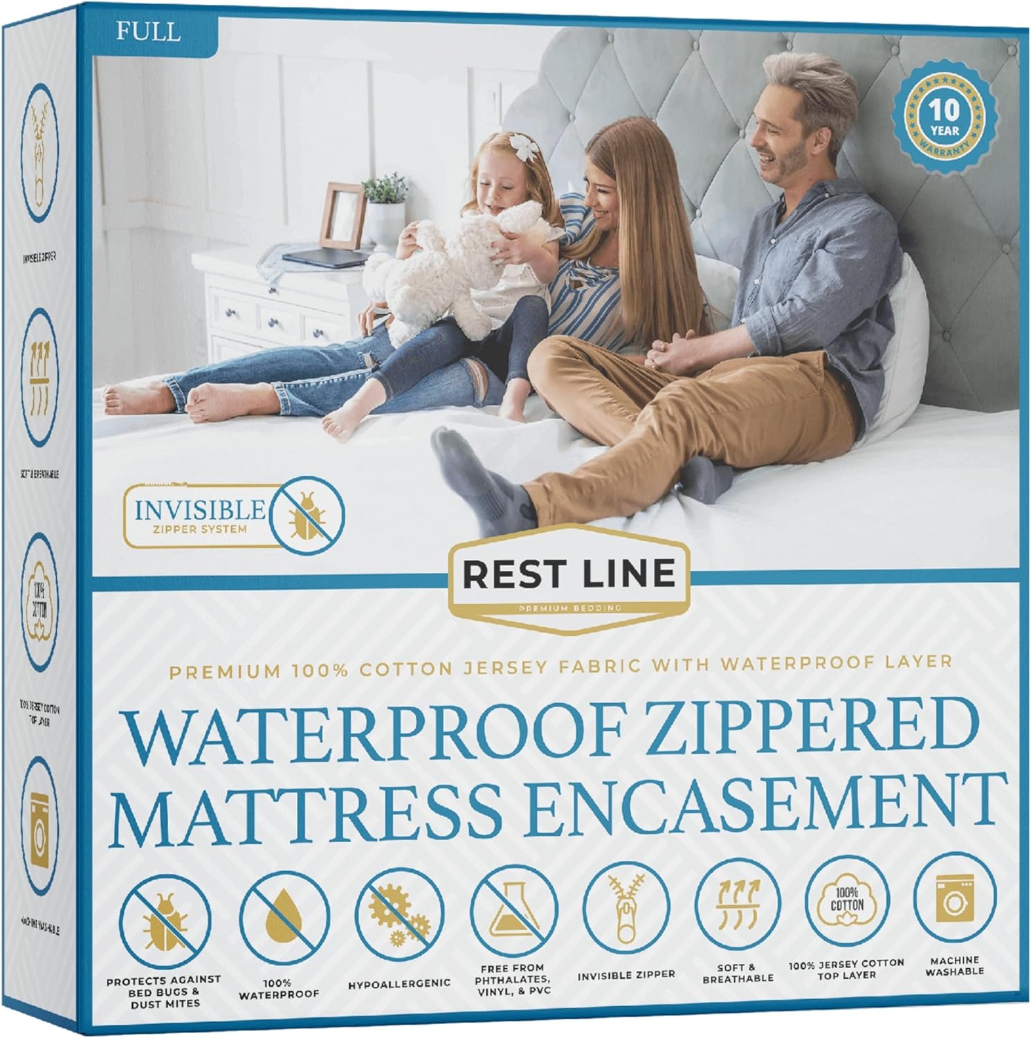 Rest Line - 100% Cotton Waterproof Zippered Mattress Encasement - Queen