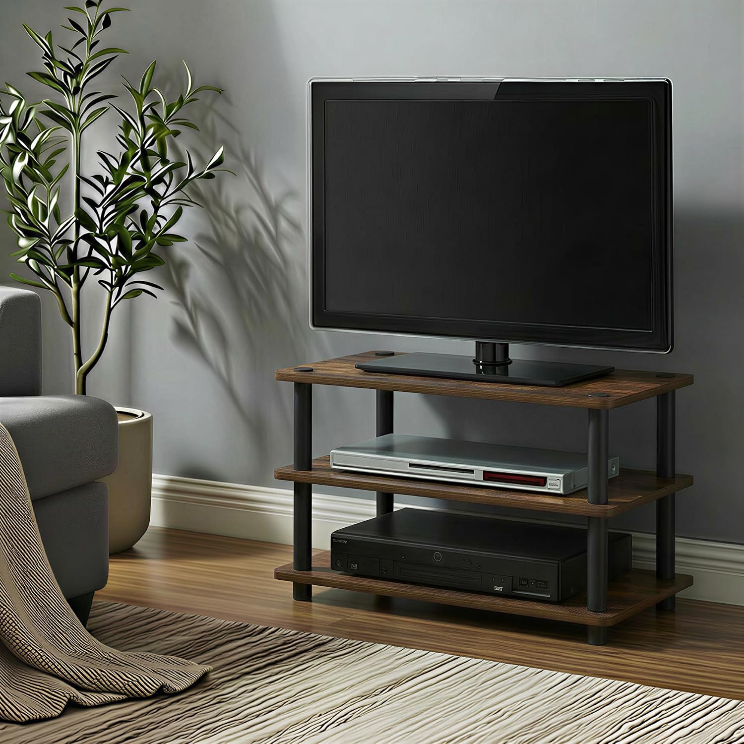 Furinno Turn-N-Tube TV Riser Stand, 2-Tier Small Elevated No Tools TV Stand, TV Console for TV up to 32 inch, 15.8 x 23.8 x 11, for Living Room, Bedroom, French Oak/Black