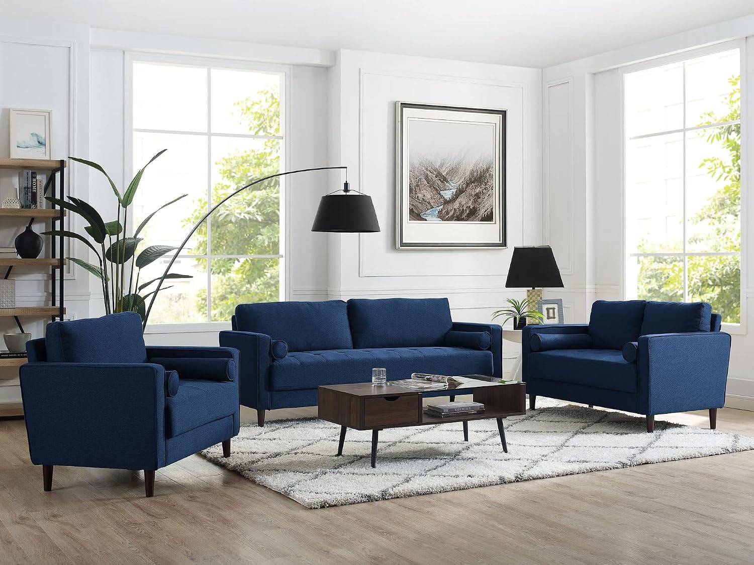 Studio Living® Lexington 39.4" Arm Chair, Mid-Century Modern, Pocket Coil Comfort, Easy Assembly, Woven Fabric, Navy Blue