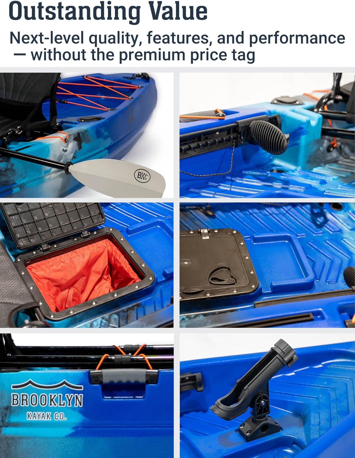 BKC Brooklyn 13.0 Pro Tandem Fishing Kayak, 2 to 3 Person | 800 lb capacity, adjustable frame seats, large dry storage, rod holders, stable wide hull, tandem or solo paddling