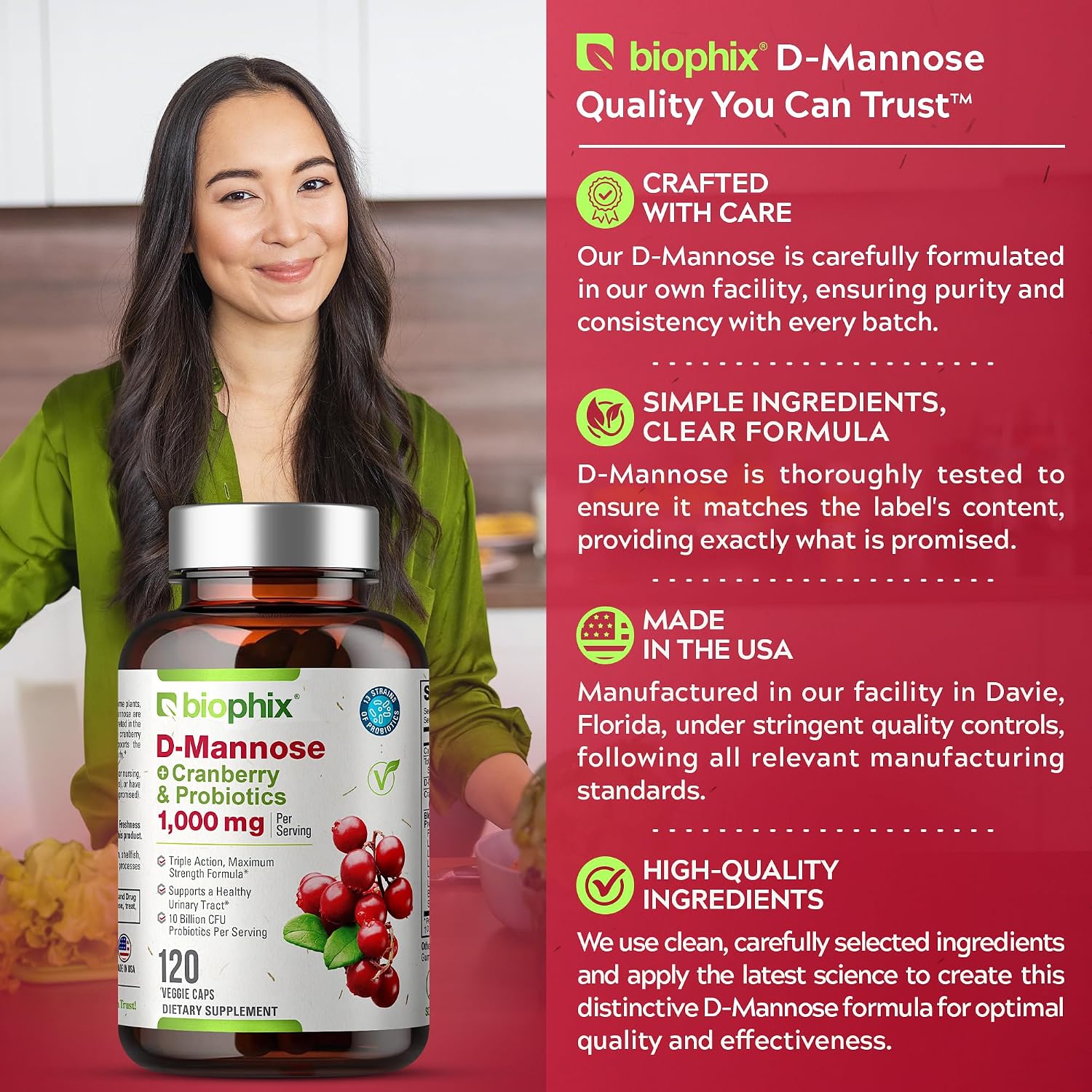 biophix D-Mannose 1000mg Capsules with Cranberry & Probiotics - D Mannose Supplements for Women - D-Mannose Pills for Urinary Tract & Bladder Health Support - Digestive Well-Being - 120 Vcaps