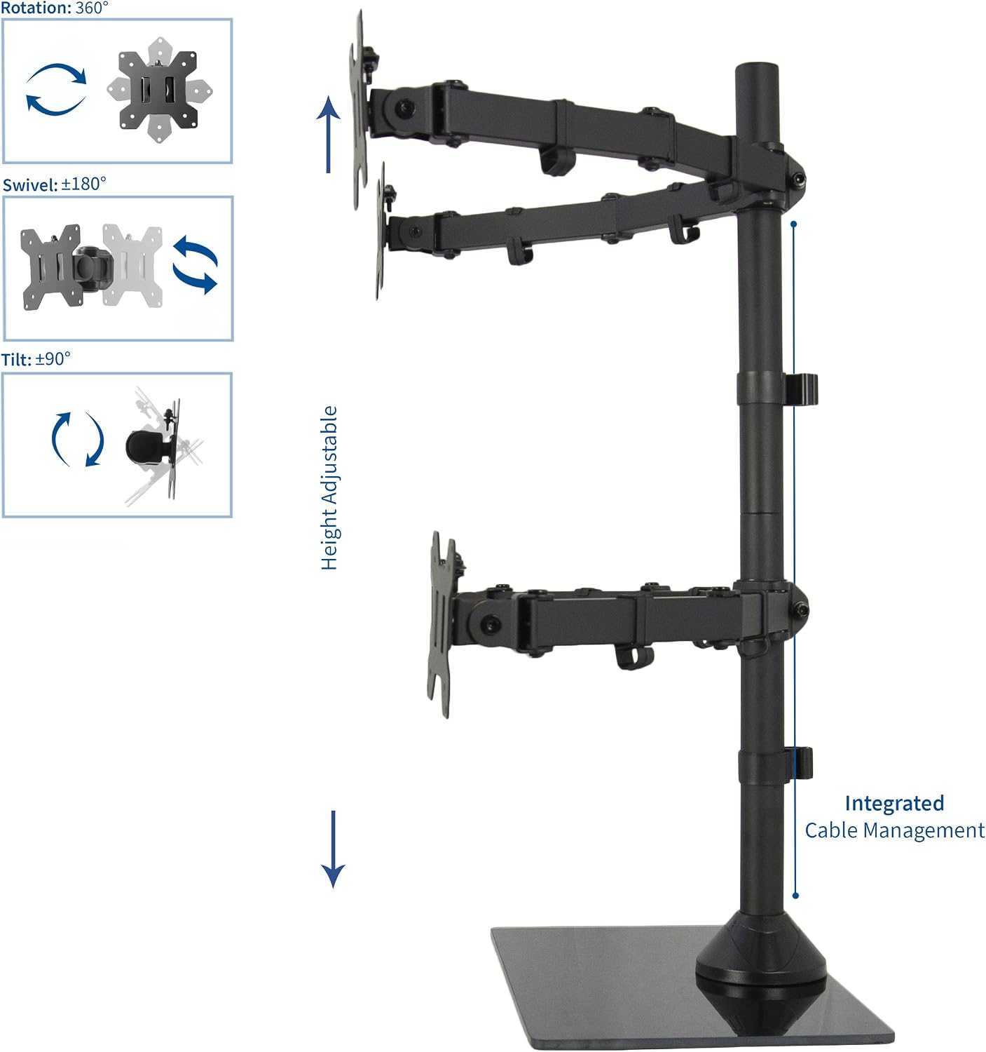 VIVO Black Adjustable Quad Monitor Desk Stand Mount, Free Standing Heavy Duty Glass Base, Holds 4 Screens up to 27 inches, STAND-V004FG