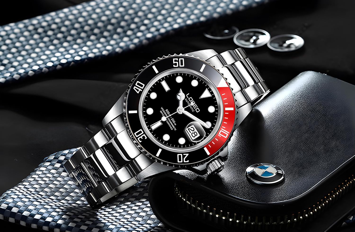 LOREO Men's Automatic Watch Sapphire Crystals 200M Waterproof | Rotating Bezel Luminous Markers and Hands Date 316L Stainless Steel Case and Bracelet Waterproof Watch