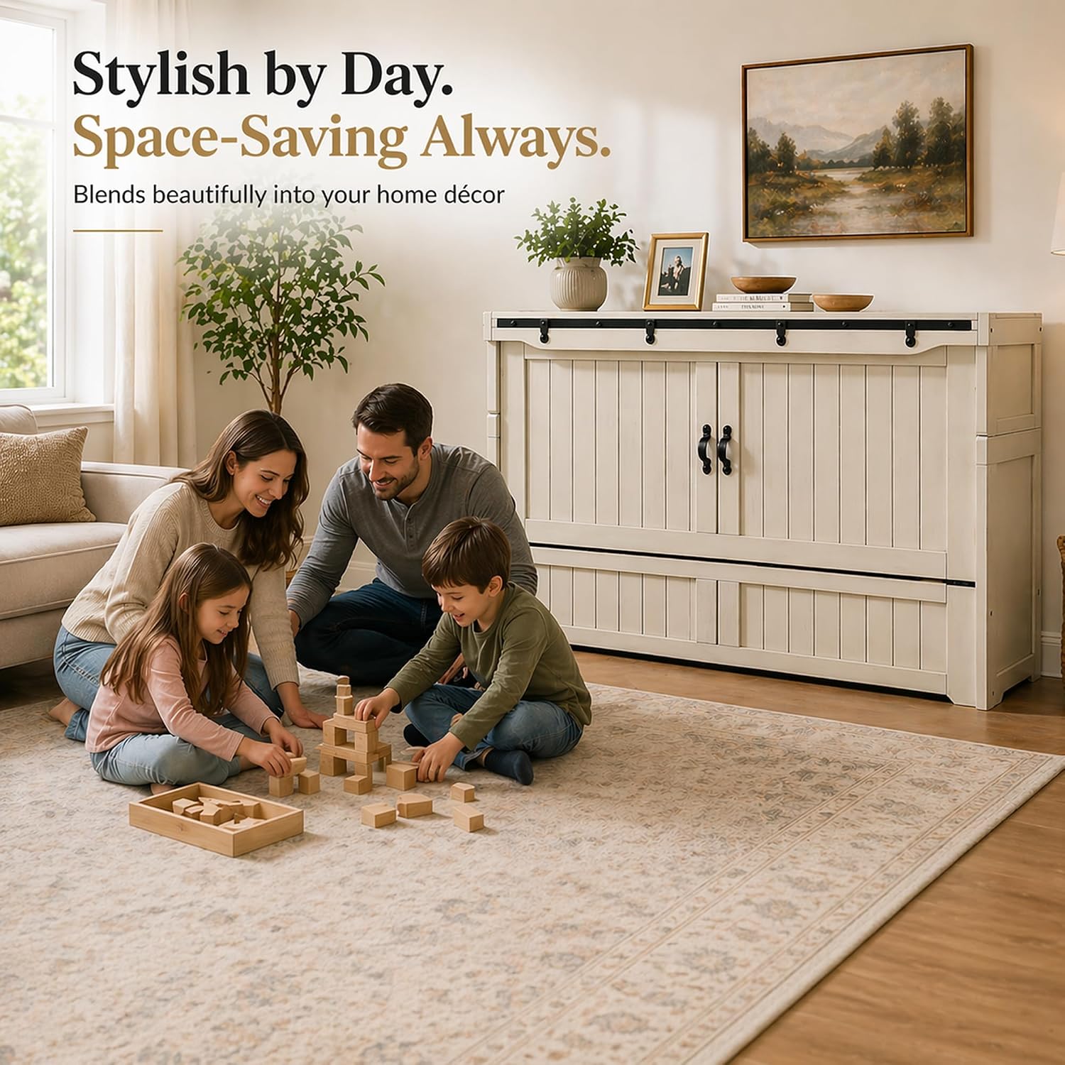 NIGHT & DAY Furniture Murphy Cube Cabinet Bed Pre-Assembled (Cherry, Queen) | Pre-Assembled