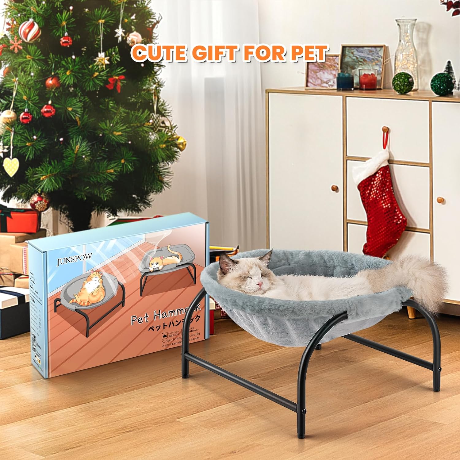 JUNSPOW Cat Bed Sleeping Cat Hammock, 16.9in x 16.9in x 9.5in, Grey