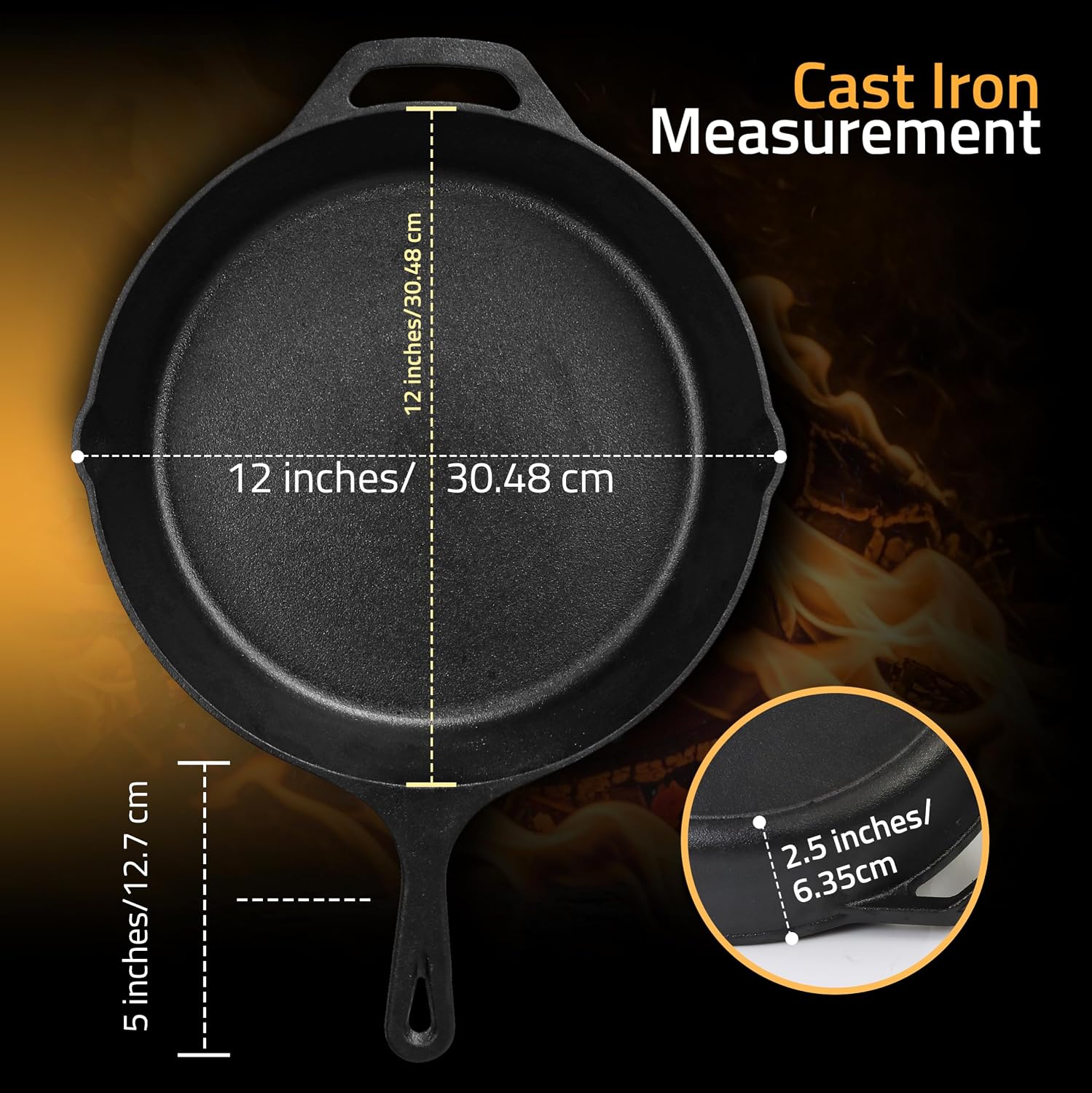 Utopia Kitchen Cast Iron Skillet 12 Inch Pre-Seasoned PFAS-Free Black | Chef Pan, Even Heat Distribution, Stovetop, Oven, Campfire and Grill Safe, Large Skillet, Indoor Outdoor Use