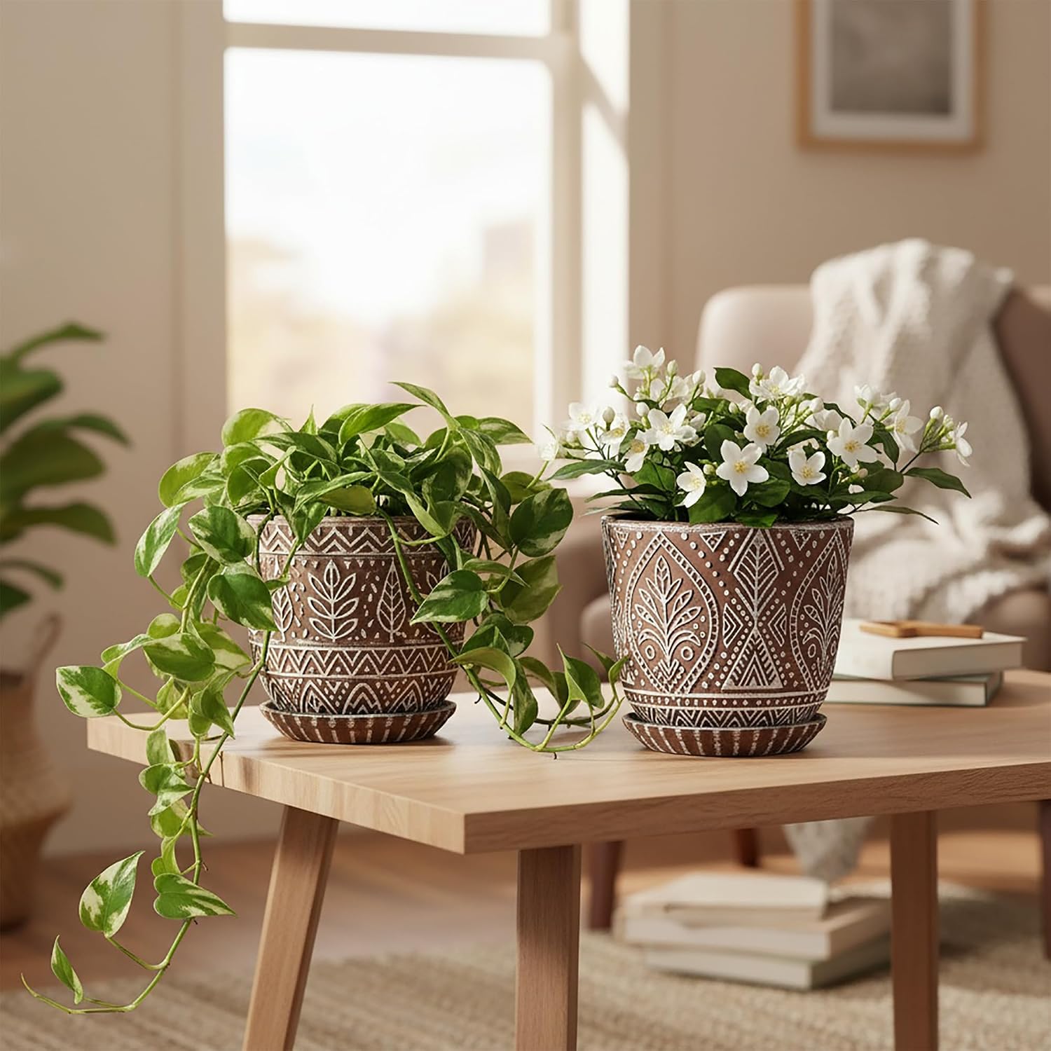 Gepege Ceramic Plant Pots, 6 Inch Indoor Planters with Drainage & Saucers