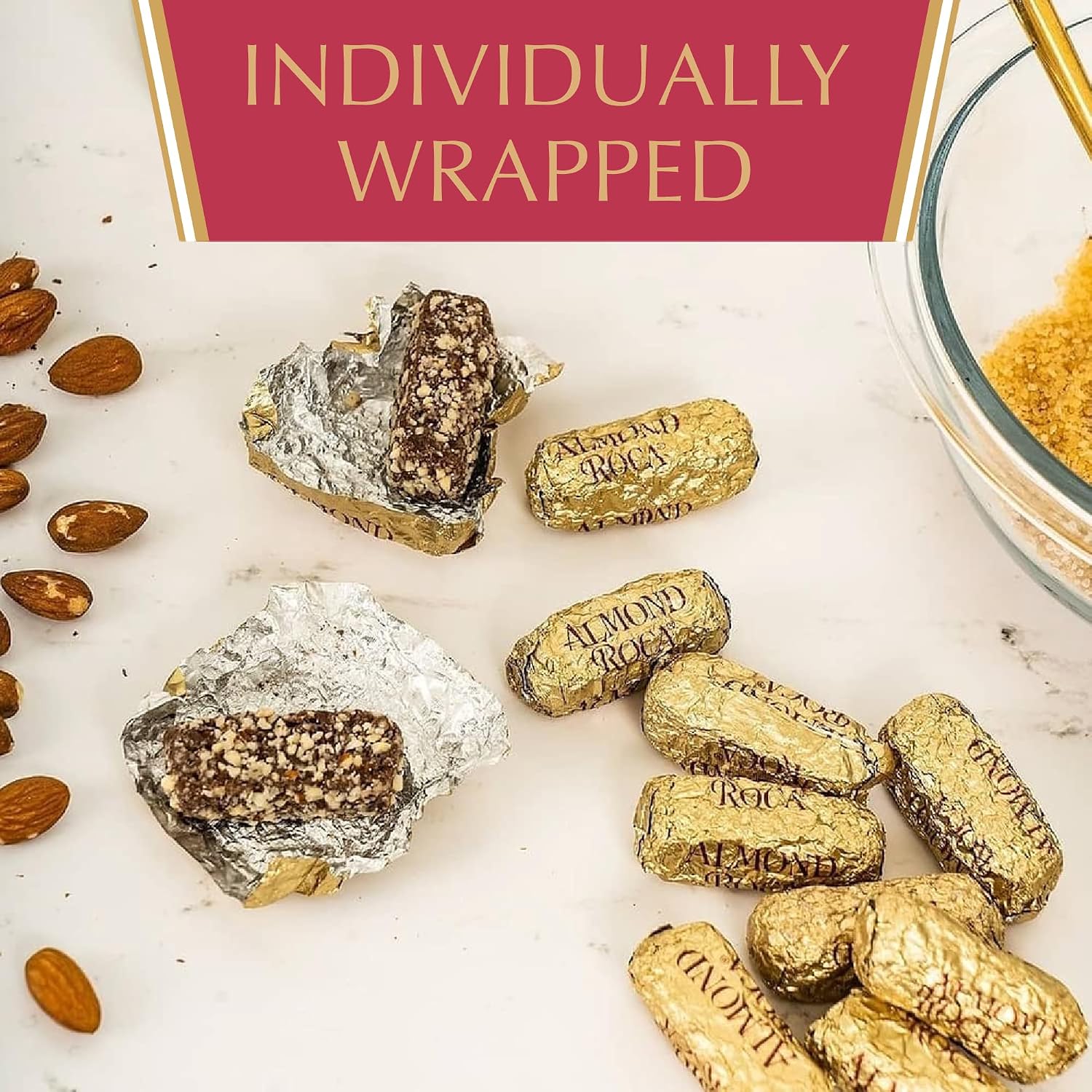 Brown & Haley Roca Chocolate Caramel Buttercrunch Toffee - 5 oz | Caramel Buttercrunch Toffee with Almonds & Sea Salt - Individually Wrapped - Gluten Free, Kosher - Gifts and Sharing