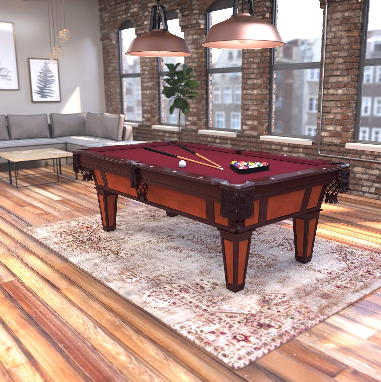 Fat Cat Reno 7.5 Foot Pool Table, Billiard Table with Accuslate Surface, K66 Bumpers, Dark Cherry Finish, Includes Cues and Balls