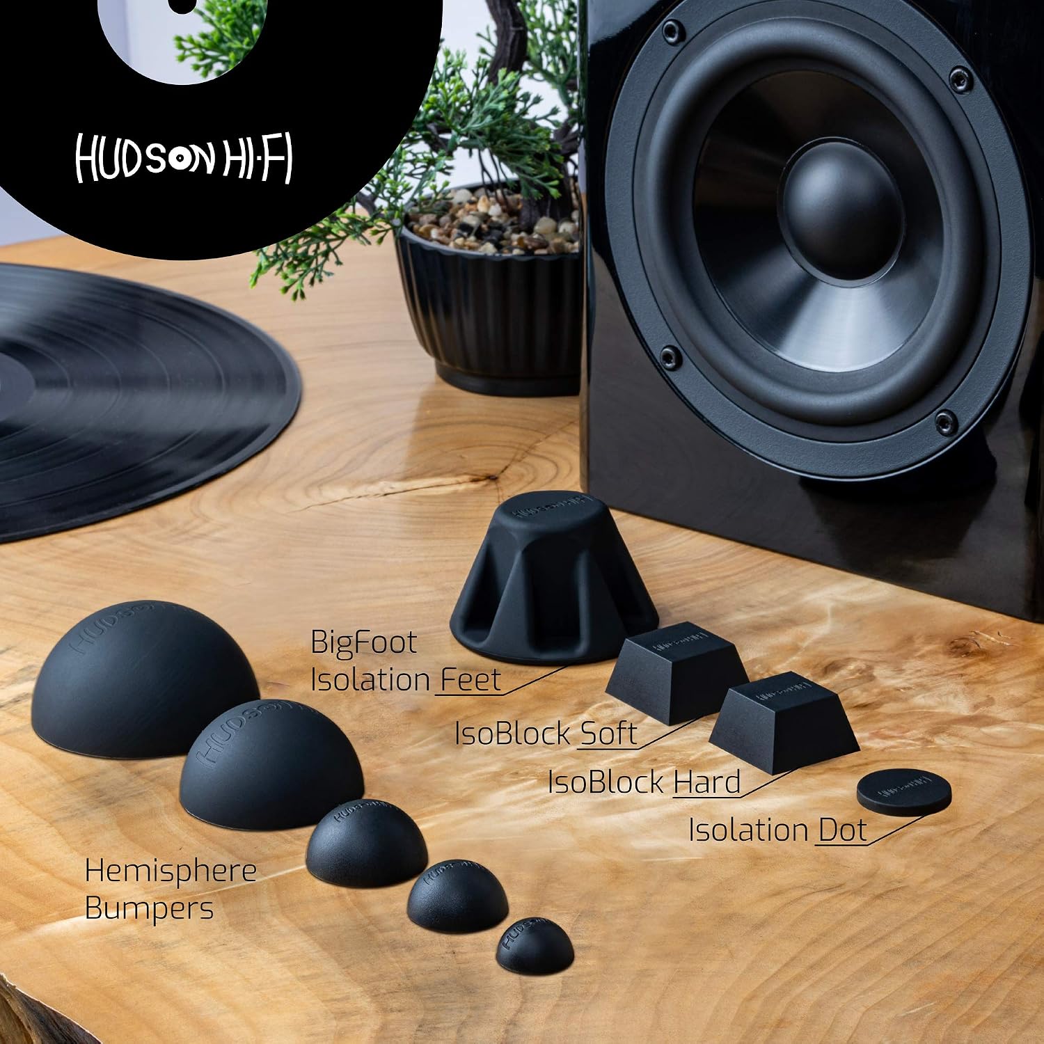 Hudson Hi-Fi Speaker Isolation Feet (4-Pack, 1") – Adhesive Silicone Anti-Vibration Pads for Speakers, Turntables, Subwoofers & Amplifiers, Supports 5-18 lbs Per Pad